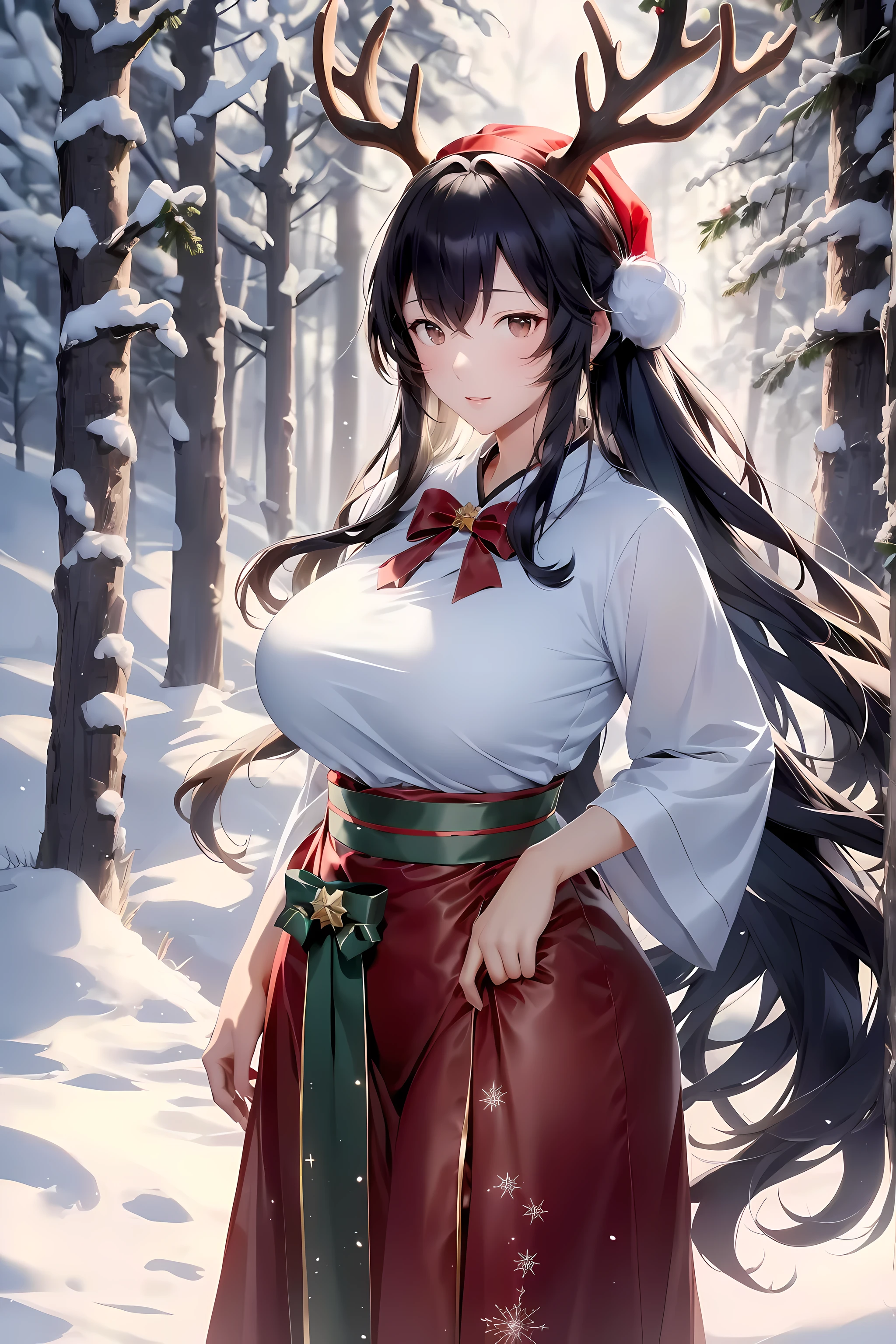 christmas，deer antlers,sexy christmas girl，deer ear，Deer girl,shaggy,(Best quality at best,4K,8K,A high resolution,tmasterpiece:1.2),pine woods,deershaggy女孩, fluffy hair shy, beautiful red eyes,Bigchest, Bow in hair,16 year old face,(dual horsetail:1.4), gentle face,(Santa Claus costume:1.4), Clothes based on red,可爱的Bigchest, face flushed, Want to be loved,dual horsetail