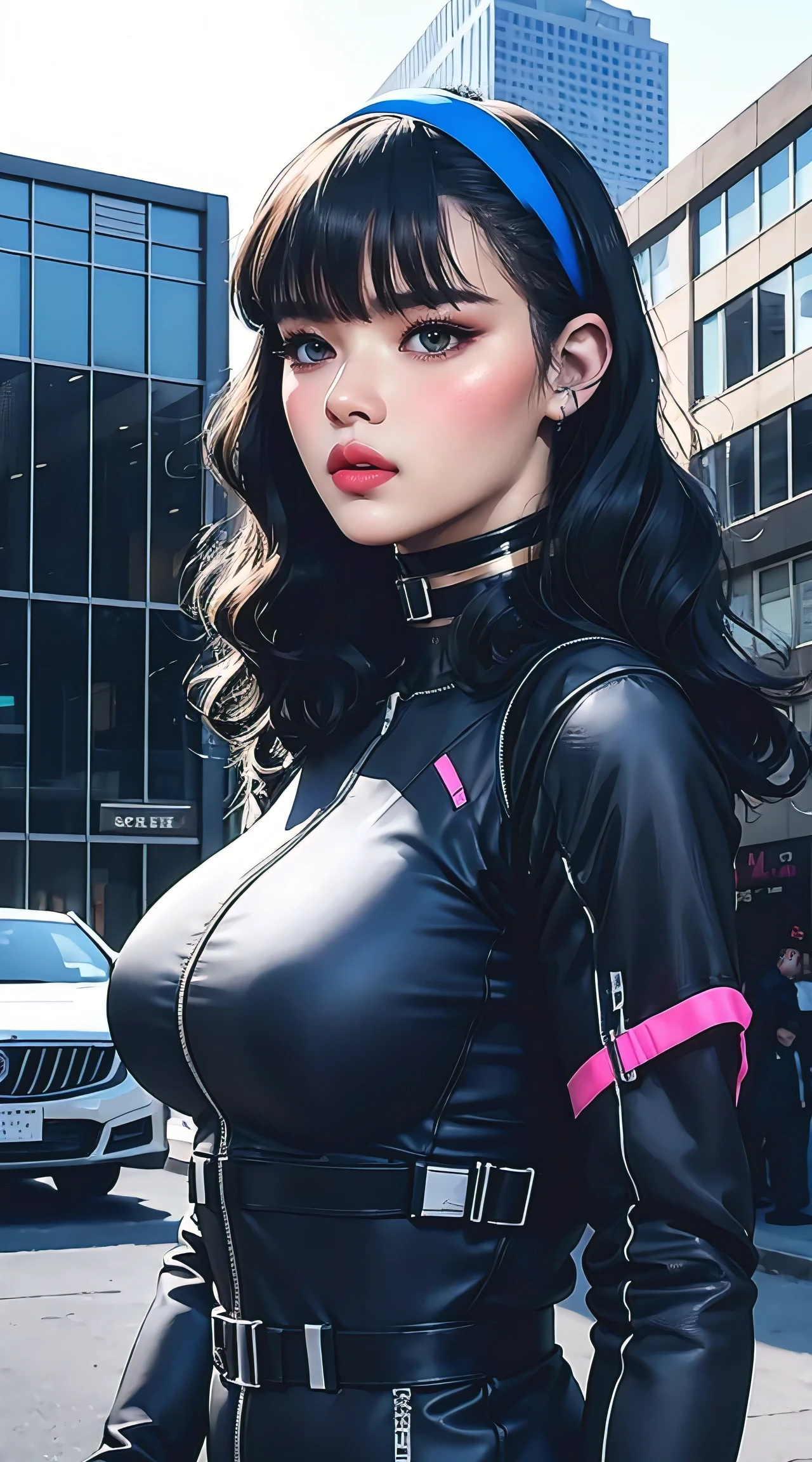 (masterpiece, best quality), futuristic, steelpunk, pastel goth, intricate tactical techwear, neon accents, fashionable, stylish, perfect slim fit body, big breasts, asymmetrical bangs, wavy hair, hairband, choker, bracelet, city streets, standing pose, contrapposto, dynamic lighting