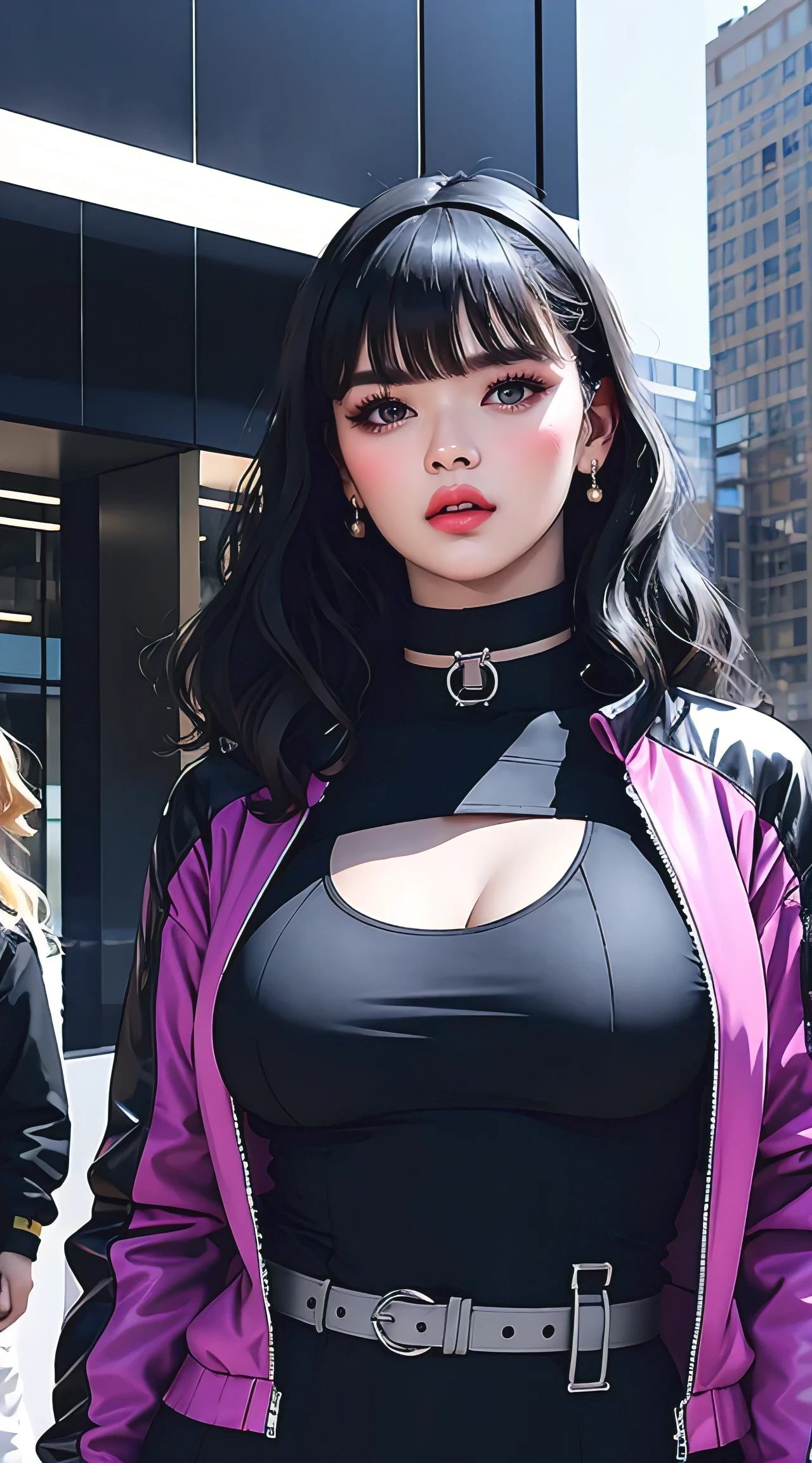 (masterpiece, best quality), futuristic, steelpunk, pastel goth, intricate tactical techwear, neon accents, fashionable, stylish, perfect slim fit body, big breasts, asymmetrical bangs, wavy hair, hairband, choker, bracelet, city streets, standing pose, contrapposto, dynamic lighting