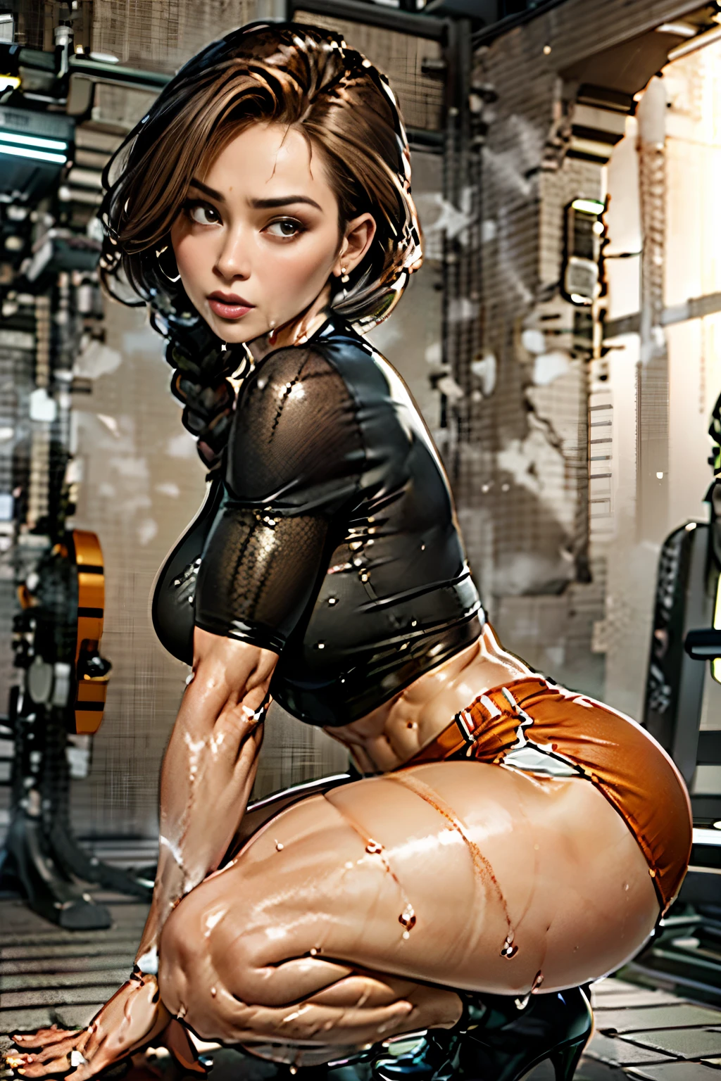 ((tmasterpiece,Best quality)),k hd,[[[[Complicated details]]]],Cinematic,realistically, Best quality,tmasterpiece,超高分辨率,(realistically:1.4)，(Sexy mom wearing very short very short mini skirt:1.5)，Twist braids，(Toned muscular thighs and calves)，oily body，Wear orange high heels，(All thighs up to)，smelling，the face，，(Half crouched on the ground，Thigh muscles squeezed together:1.2)，(Various squatting postures are designed to better display the thigh muscles:1.4)，(((Wet thighs)))