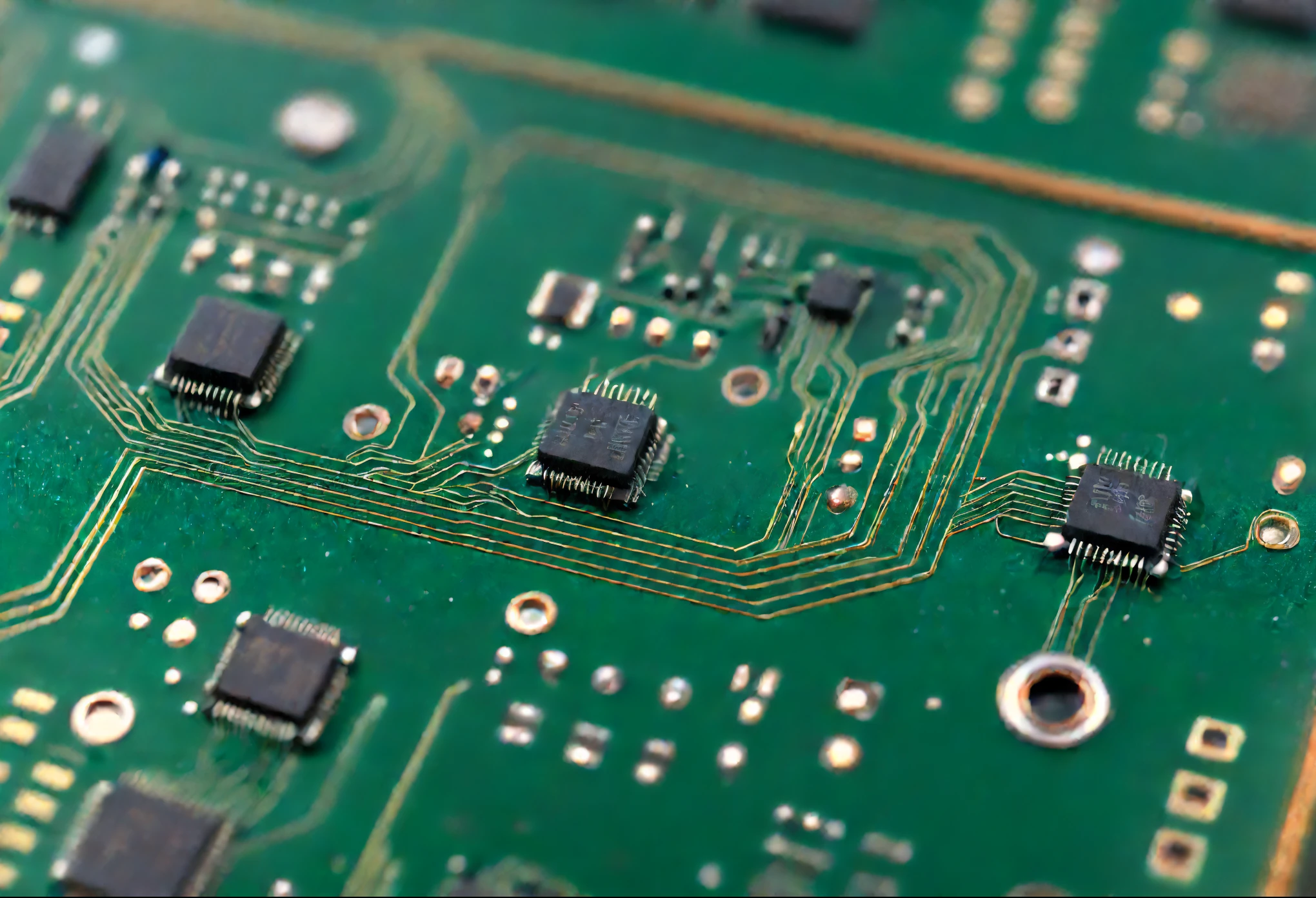Macro photography of a printed circuit board with microcircuits, higly detailed, maximum realism