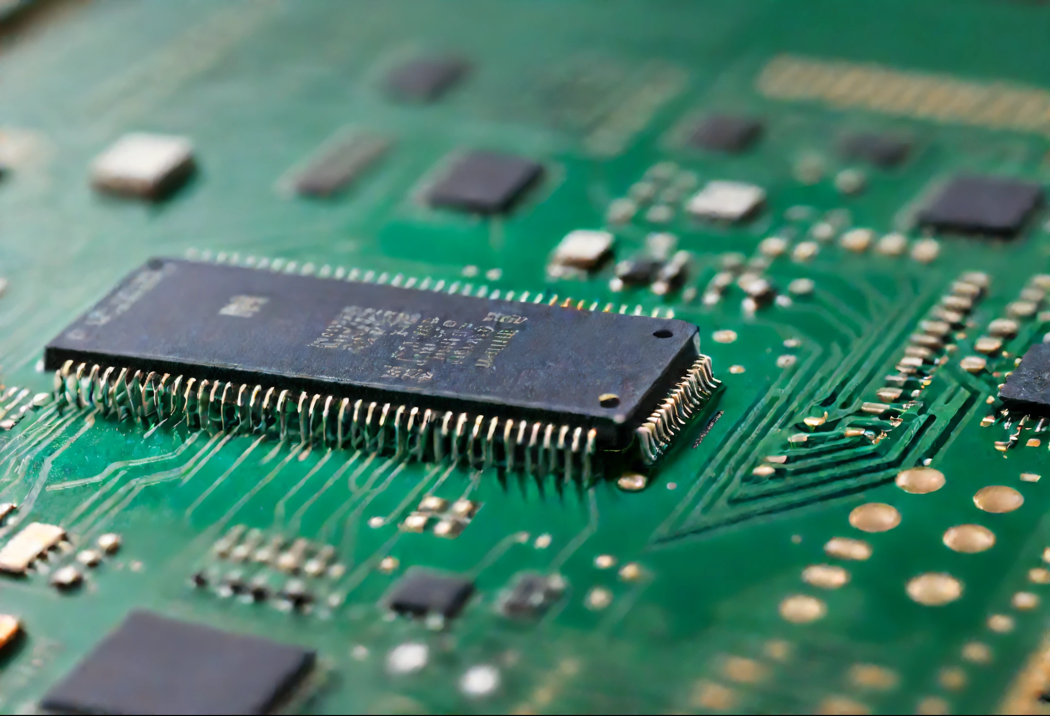 Macro photography of a printed circuit board with microcircuits, higly detailed, maximum realism