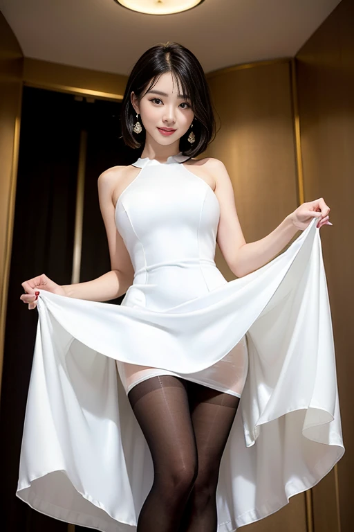 (Black luxury cheongsam:1.4、White panties from between dresses)、(Panty shot sitting with legs wide open:1.2)、Opening legs、Panties are visible through the gap in the dress、I want you to look at my panties.、Do not hide the lower body、Cameltoe、japanaese girl、top-quality、​masterpiece、extra detailed face、japanes、cute  face、The best smile、Brown longhair、