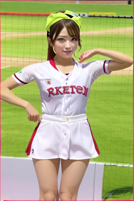 An arafe woman in uniform posing for a photo at a baseball field, Wearing a volleyball jersey, Japanese Models, mai shiranui, tsubasa nakai's style, akikazu mizuno, 奈良美智, Sana Takeda, she is dancing. Realistic, harumi, deayami kojima,(27yo),((whole body to toes:1.3))