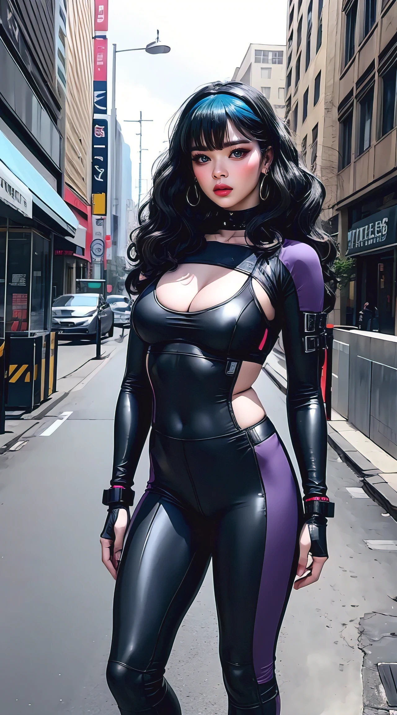 (masterpiece, best quality), futuristic, steelpunk, pastel goth, intricate tactical techwear, neon accents, fashionable, stylish, perfect slim fit body, big breasts, asymmetrical bangs, wavy hair, hairband, choker, bracelet, city streets, standing pose, contrapposto, dynamic lighting