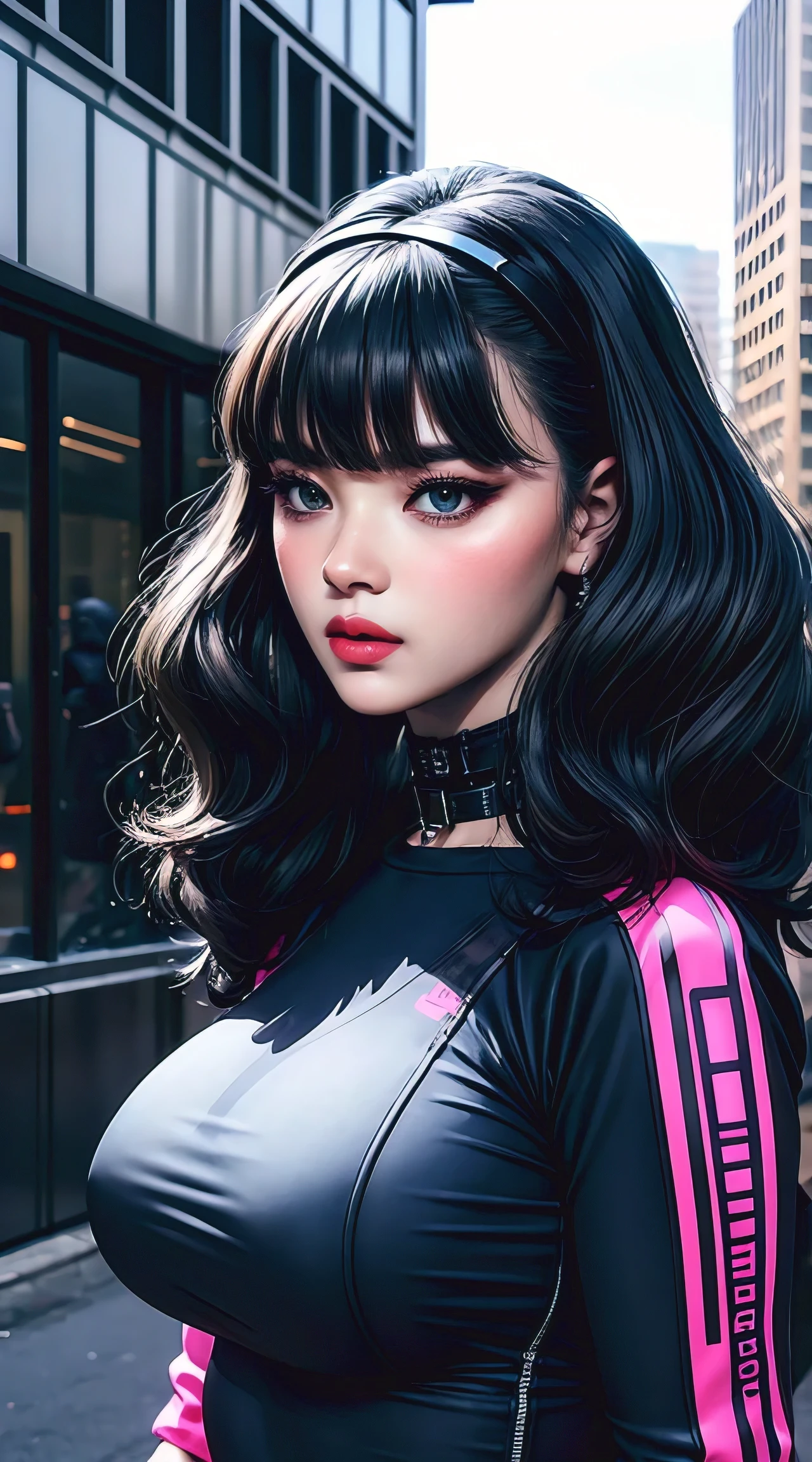 (masterpiece, best quality), futuristic, steelpunk, pastel goth, intricate tactical techwear, neon accents, fashionable, stylish, perfect slim fit body, big breasts, asymmetrical bangs, wavy hair, hairband, choker, bracelet, city streets, standing pose, contrapposto, dynamic lighting