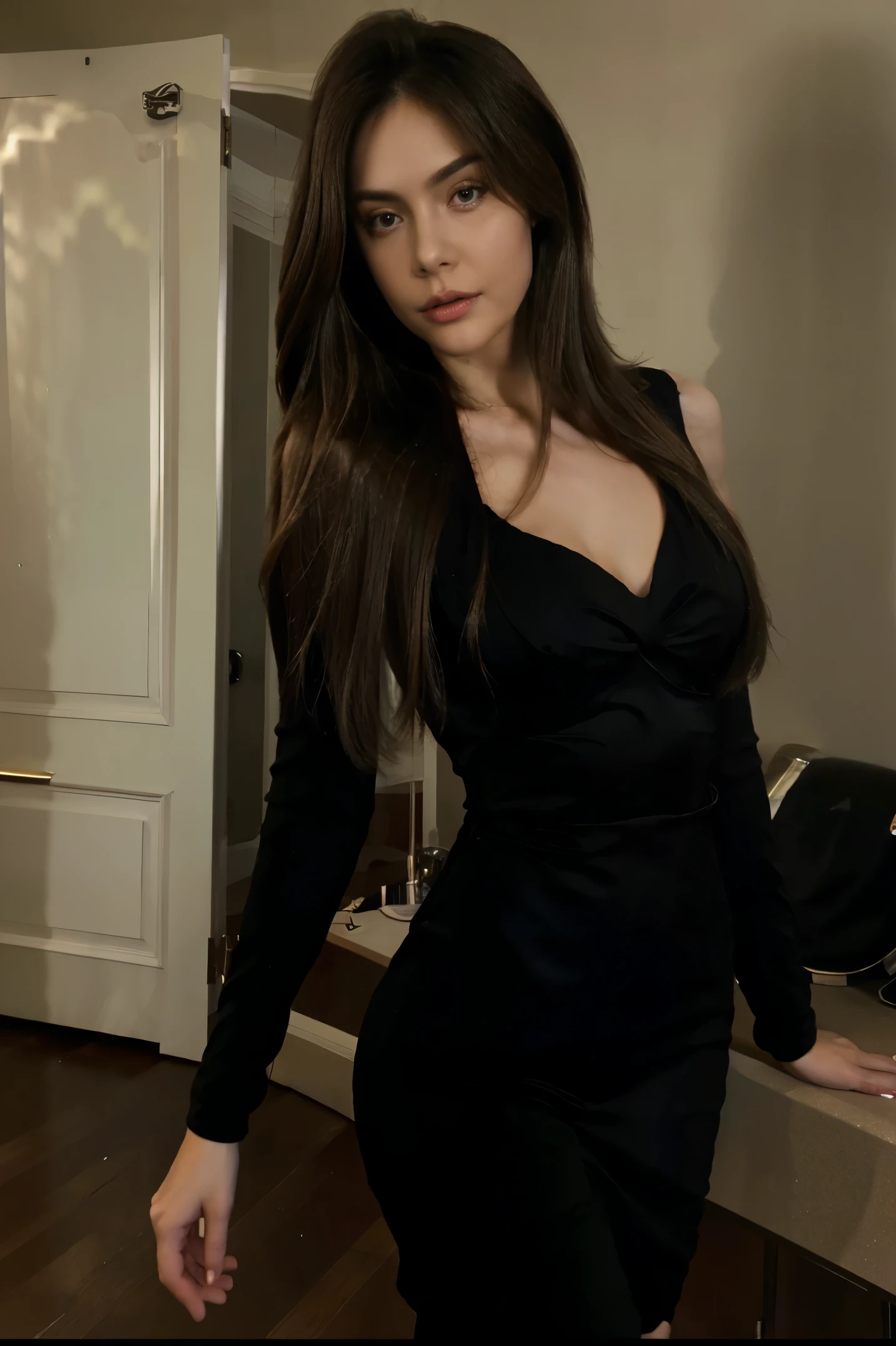 Beautiful brunette, slender curvy body, tight black dress, cinematic lighting, gorgeous