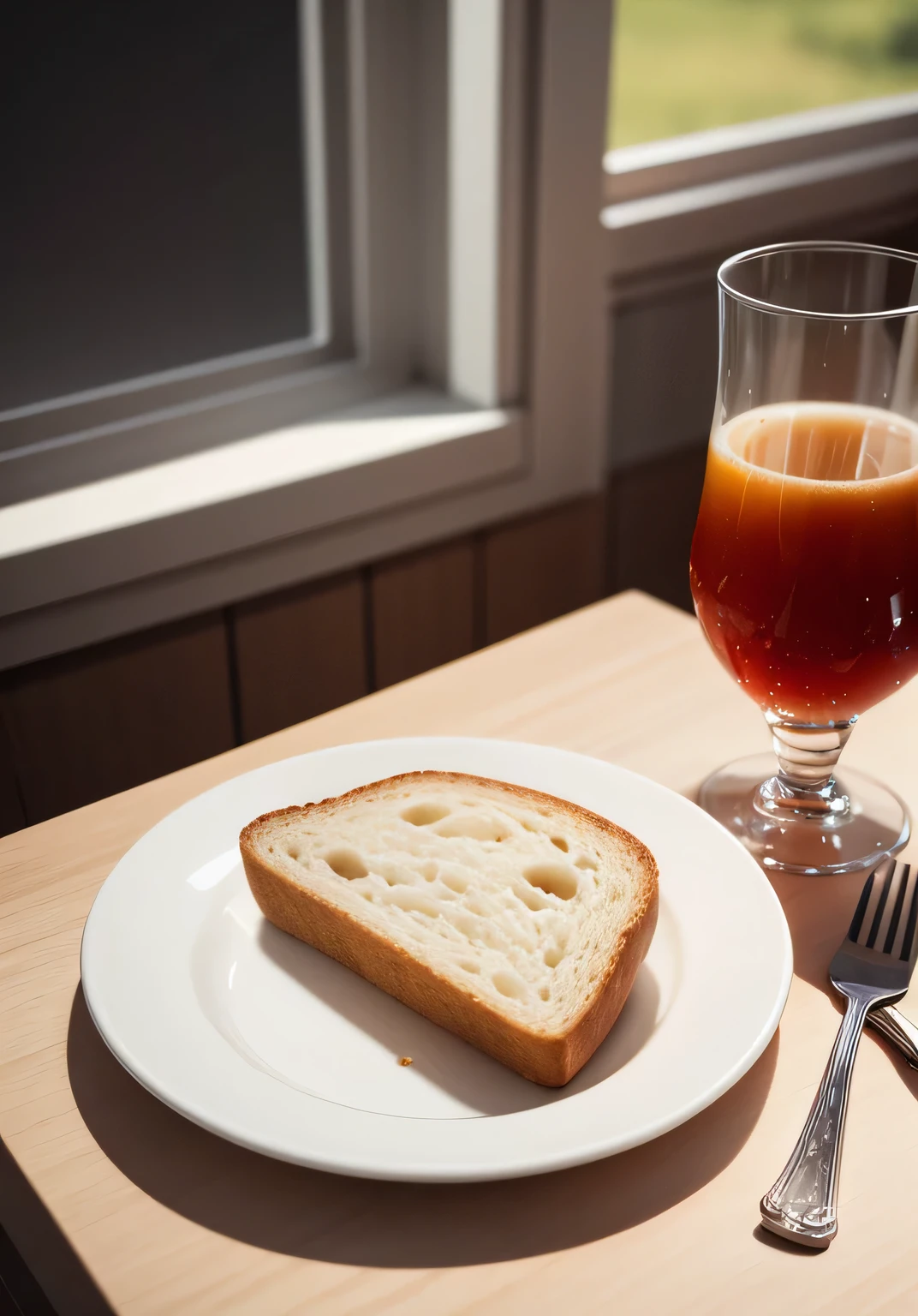 （A slice of bread）（Have good natural light）（ (There is a window in the background），high tea（Depth of field effect））（There is a set of cutlery on the table）（and a drink）Best quality，A high-resolution masterpiece，Highqualityshadow，actual