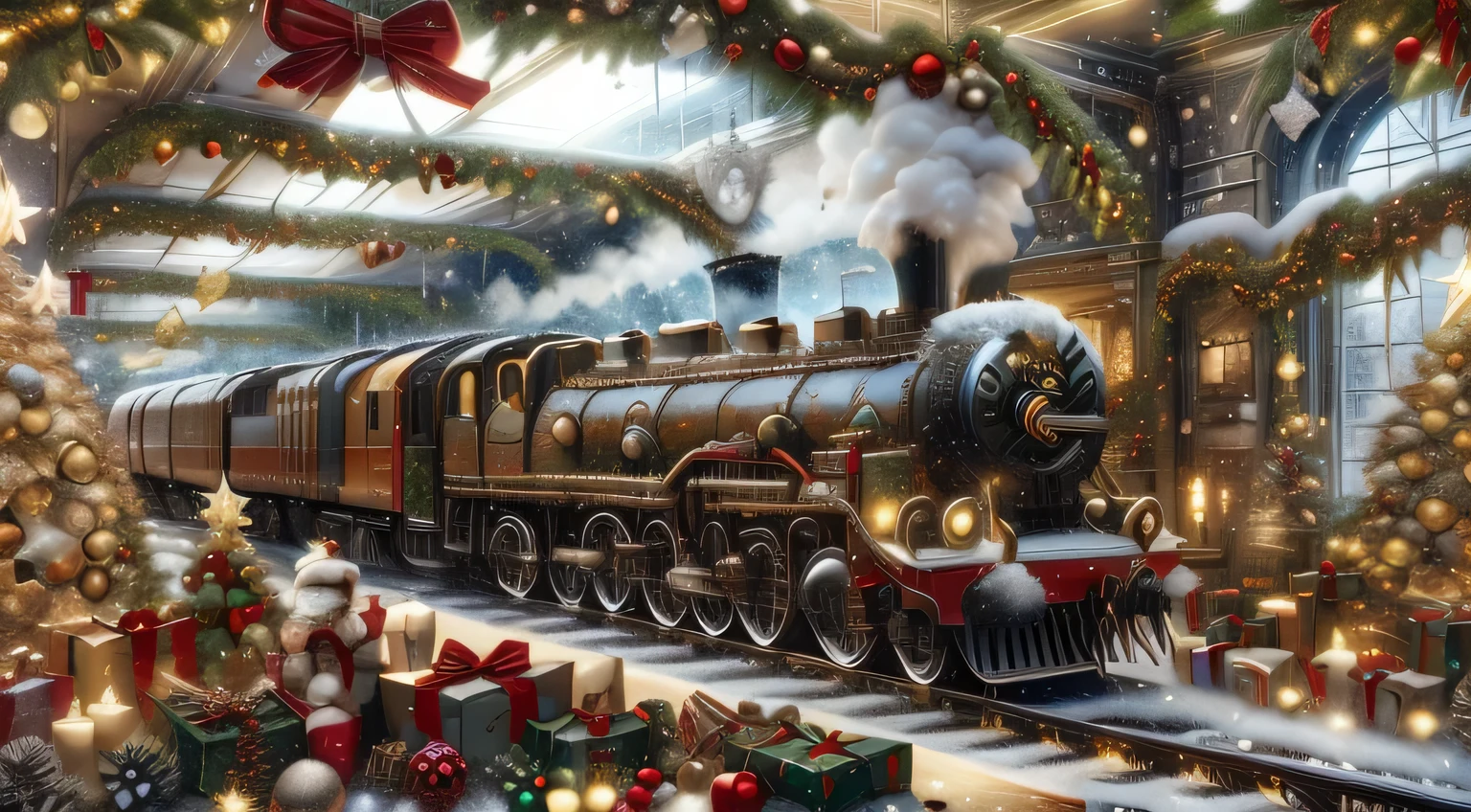 ChristmasDecorativeStyle locomotive train, (Masterpiece:1.3) (best quality:1.2) (high quality:1.1)