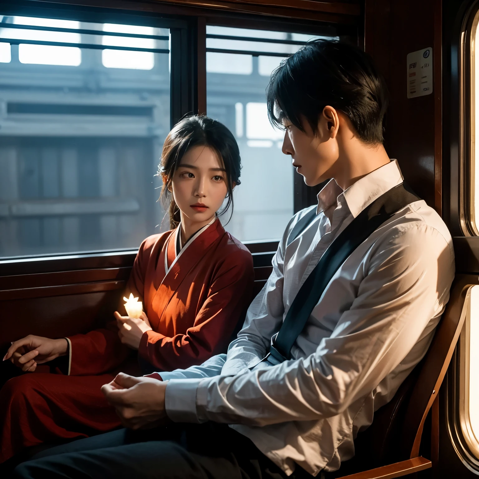 In the speeding train, Zihan faces a life-or-death choice. He takes a deep breath, decides to release Ansheng, and Ansheng is grateful. The two communicate silently, without words.