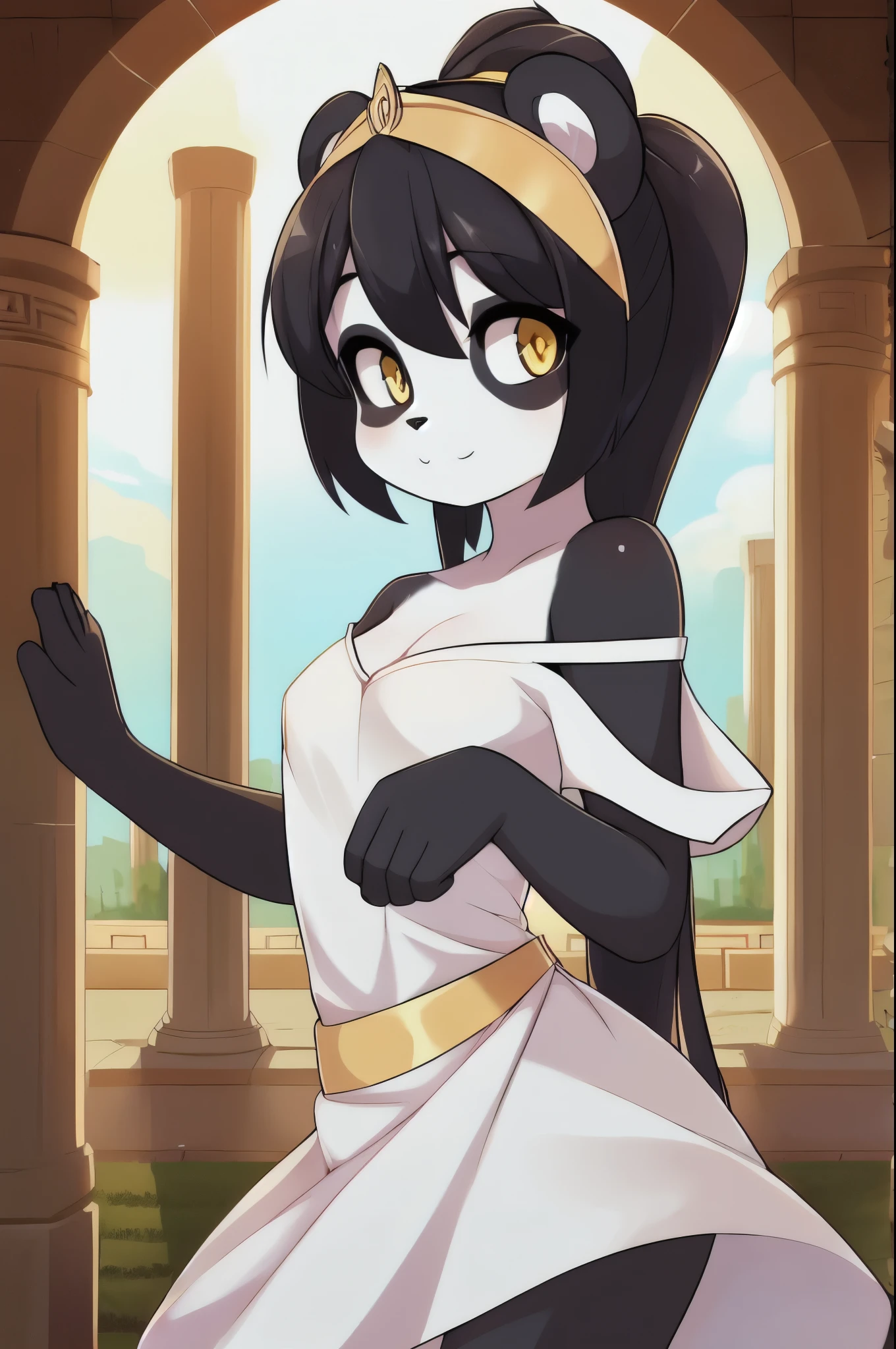 furry girl, young, panda, black hair, open bangs, long ponytail, anime style, small breasts, yellow eyes, ((white greek dress, off shoulder, greek tiara)), high quality, detailed body, detailed eyes, detailed face, masterpiece, glistening body, detailed body fur, best quality, panda body fur, two tone body fur, black body fur, white body fur, skinny, :3, black panda eyeshadows, panda ears, perfect lighting, perfect shadows, perfect eyes, perfect hair, perfect face, gorgeous body, greek ruins, standing,