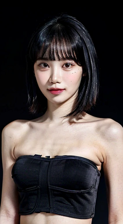 (masterpiece, top quality, best quality, ((1girl)), fair skin, (((closed mouth))), small eyes, (extremely detailed face), looking straight, ultra-detailed eyes and pupils, ((bare pectorals)), ((bare chest)), bare head, (((bare shoulders))), symmetrical frame, ((strapless)), (smile), ((symmetrical pose)), looking at viewer, (((looking at viewer))), (symmetrical face: 1.6), 35mm, simple grey background, ((studio lighting)), no watermark, ((short black hair)), bangs, 25 years old woman, bokeh, (photorealistic:1.4, realistic), highly detailed CG unified 8K wallpapers, 1girl, ((slender body:0.8)), ((small breasts:0.8)), looking at viewer, (HQ skin:1.4), 8k uhd, dslr, soft lighting, high quality, film grain, Fujifilm XT3, ((((((face through torso, upper body shot)))))), (((simple background, black background))), ((brown hair)) ((eye makeup)) ((nsfw, nude, naked, nipples))