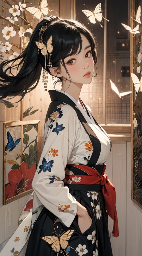 ((8k wallpaper of extremely detailed CG unit, ​masterpiece, hight resolution, top-quality, top-qualityのリアルテクスチャスキン)), ((a very beautiful woman, Plump lips, The upper part of the body, Hands in pockets:1.5, Japanese pattern haori, Micro Mini Shorts)), (messy black hair, de pele branca, Small), ((colorful wall with geometric pattern, Japanese pattern wall, warm color, butterflys, florals)), hyper realisitic, digitial painting,