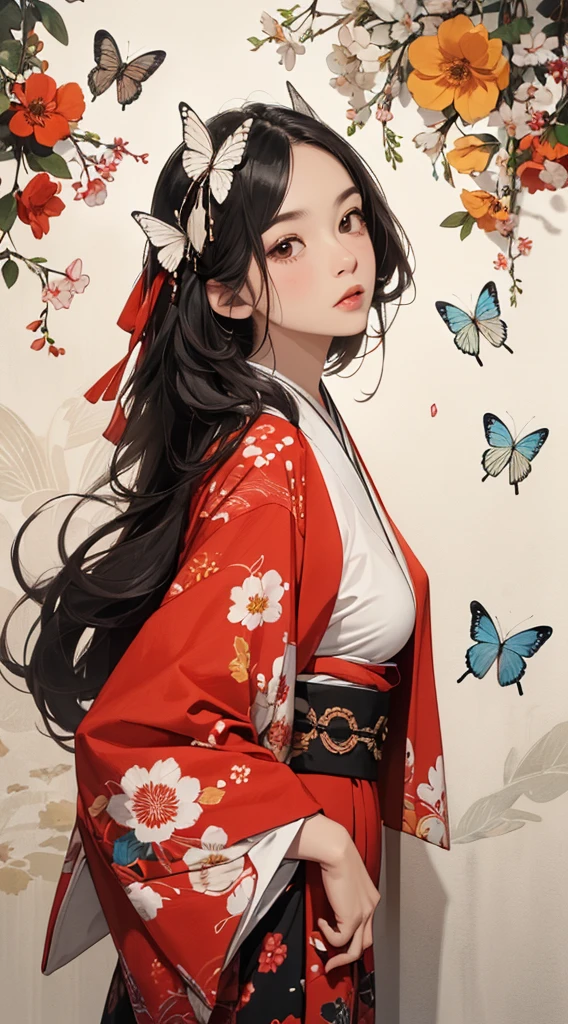((8k wallpaper of extremely detailed CG unit, masterpiece, hight resolution, top-quality, top-qualityのリアルテクスチャスキン)), ((a very beautiful woman, Plump lips, The upper part of the body, Hands in pockets:1.5, Japanese pattern haori, Micro Mini Shorts)), (messy black hair, de pele branca, Small), ((colorful wall with geometric pattern, Japanese pattern wall, warm color, butterflys, florals)), hyper realisitic, digitial painting,