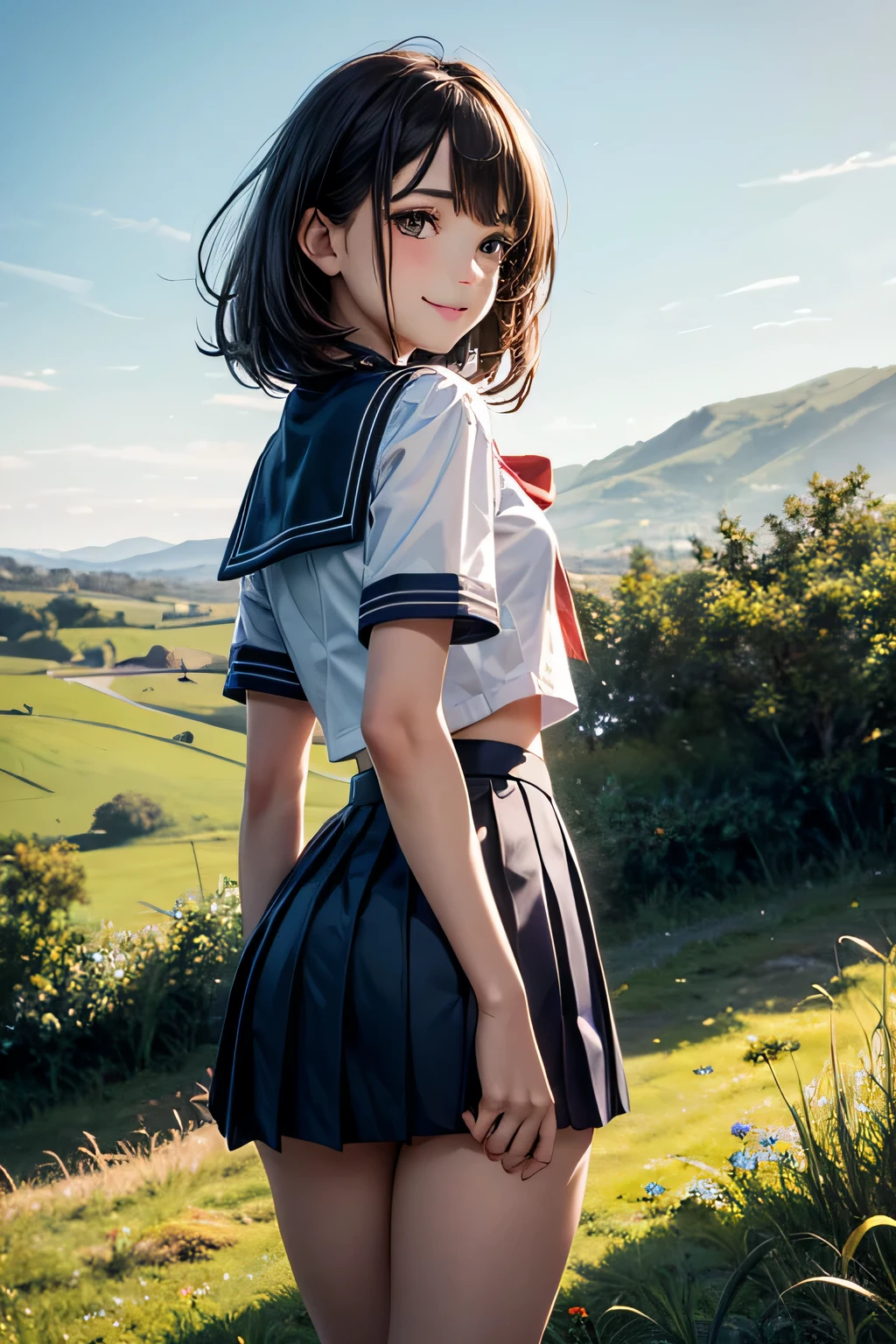 Very cute and beautiful girl,(very detailed beautiful face and eyes:1.2), Smile,Black hair,Sailor School Uniform,(Navy blue pleated mini skirt),Cowboy Shot,(From below), Looking back,from behind,Leaning forward,Dynamic Angle, countryside,wooden fence,On the hill,grassy fields, (Best Quality,masutepiece:1.2),Intricate details,Extremely detailed,hight resolution,Solo, Cinematic lighting,