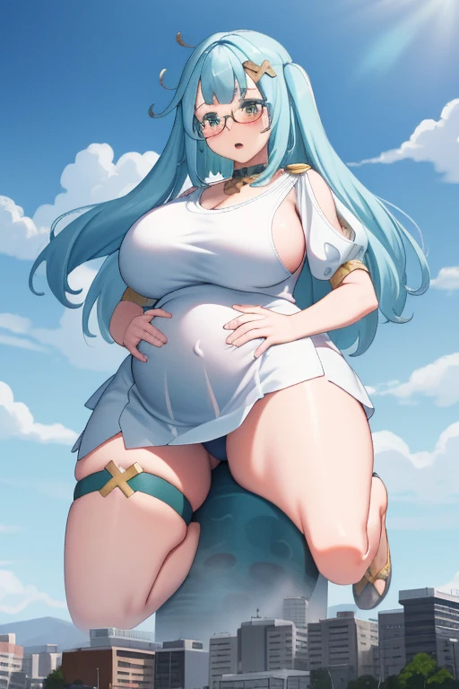 Giant maiden，Moe two-dimensional style，Pregnancy status，Round belly, Huge breasts, Thick thighs，Gaze at the bustling city, Lying down, Burp, Burping, Really loud burp, Glasses, Full body