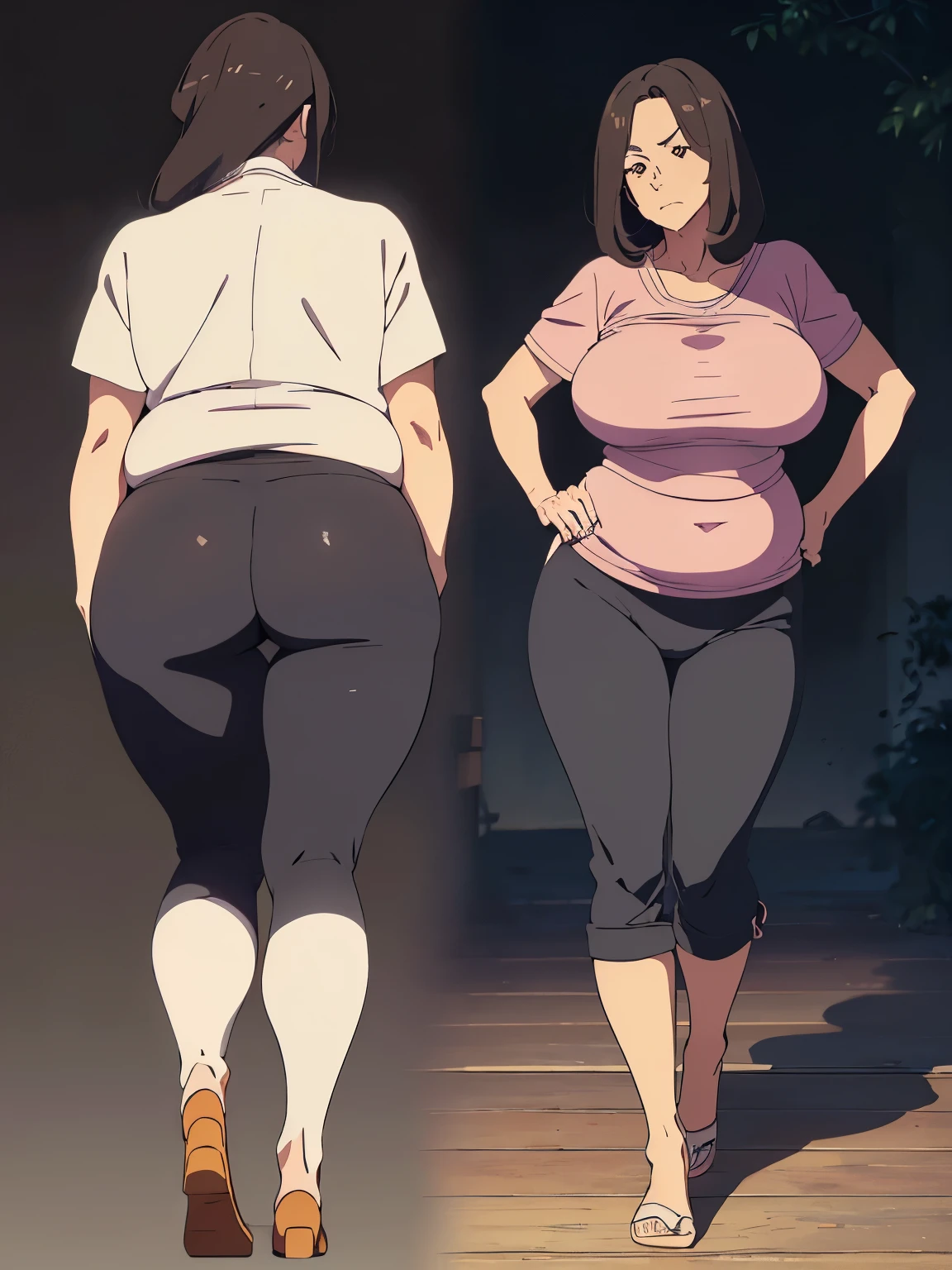 ((Best Quality,4K,8K,masutepiece)), 1woman,T-shirt, jogger pants, slipper, (CharacterDesignSheet:1.3, Same character, front, Side, Back,Various expressions) , (multiple views), (Anime style:1.3), (hyperdetailed body), (hyperdetailed Face), (Narrow eyes), (((tareme))), (((Mother:1.3))), (Mature Woman),(woman, 50 years old), (Large breasts:1.1), (Large buttocks:1.2), sagging breasts, droopy chest, Swaying breasts, bouncing breasts, Natural wrinkles, wrinkled Face, (Plump body:1.3), Chubby, Voluptuous, Dark hair, medium bob hair, Forehead, long Face, Night, Moody lighting, Japanese anime, (Dark background:1.3), (full body:1.3),