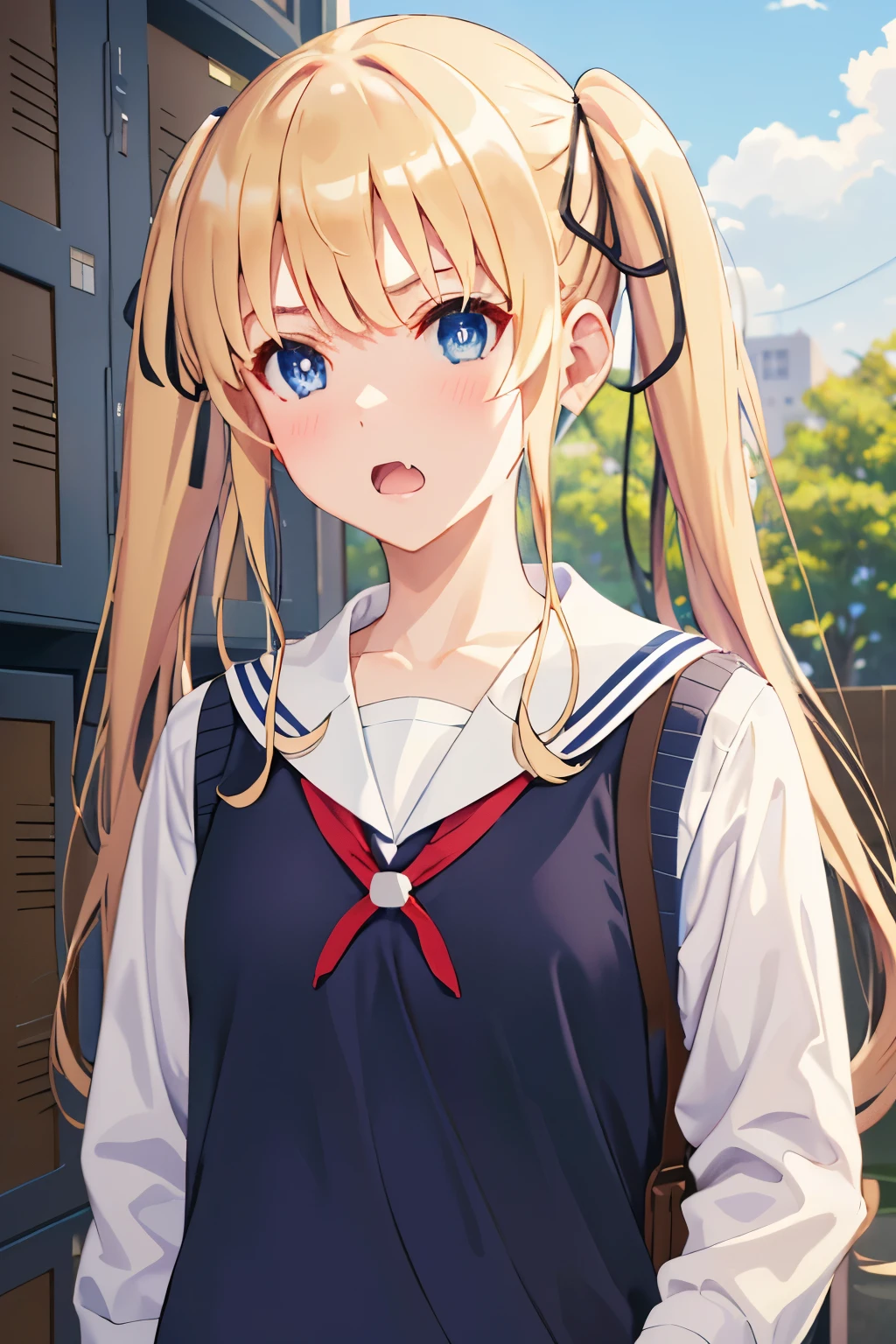 ph_eriri, sawamura spencer eriri, 1girl, blonde hair, blue eyes, school uniform, twintails, solo, fang, long hair, open mouth, hair ribbon, locker, anime coloring, parody, serafuku, blush, bangs, sweater vest, black ribbon, cloudy sky, sky, trees, (masterpiece:1.6, best quality), (finely detailed beautiful eyes: 1.2), 
, (masterpiece:1.6, best quality), (finely detailed beautiful eyes: 1.2),