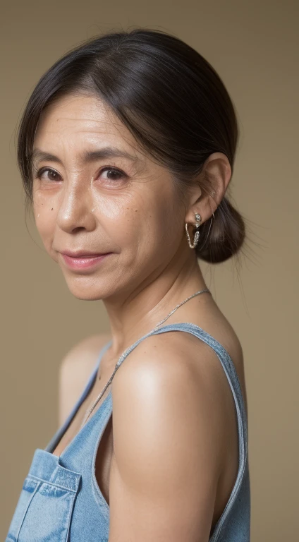 Best Quality, hight resolution, Hires, Skin definition, Detailed skin, Detailed eyes, Detailed face, 4K, 日本人A MILF, ((独奏)), (((70 years old))), (Wrinkles at the corners of the eyes:1.6), (nasolabial folds:1.3), A MILF, glamor, A sexy, Chromo-white skin, ((Longhaire, poneyTail)), Looking at Viewer,(((my skin is old))), ((muscles are old)), (((A slender))), ((Saggy udder)), (Saggy buttocks), ((Japanese Models)), 4K, (photoRealistic:1.5), Realistic, nffsw, Beautiful, Bimbo, Perfect makeup, small diamond necklace, piercings, ((Tank tops, denim)), ssmile, Public places,