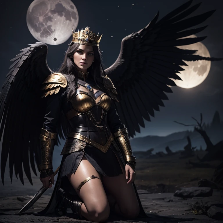 Queen Valkyrie, raven wings, viking gold crown, dark hair, sexy, dangerous, moon in background, kneeling passive, Caucasian, seducing a raven
