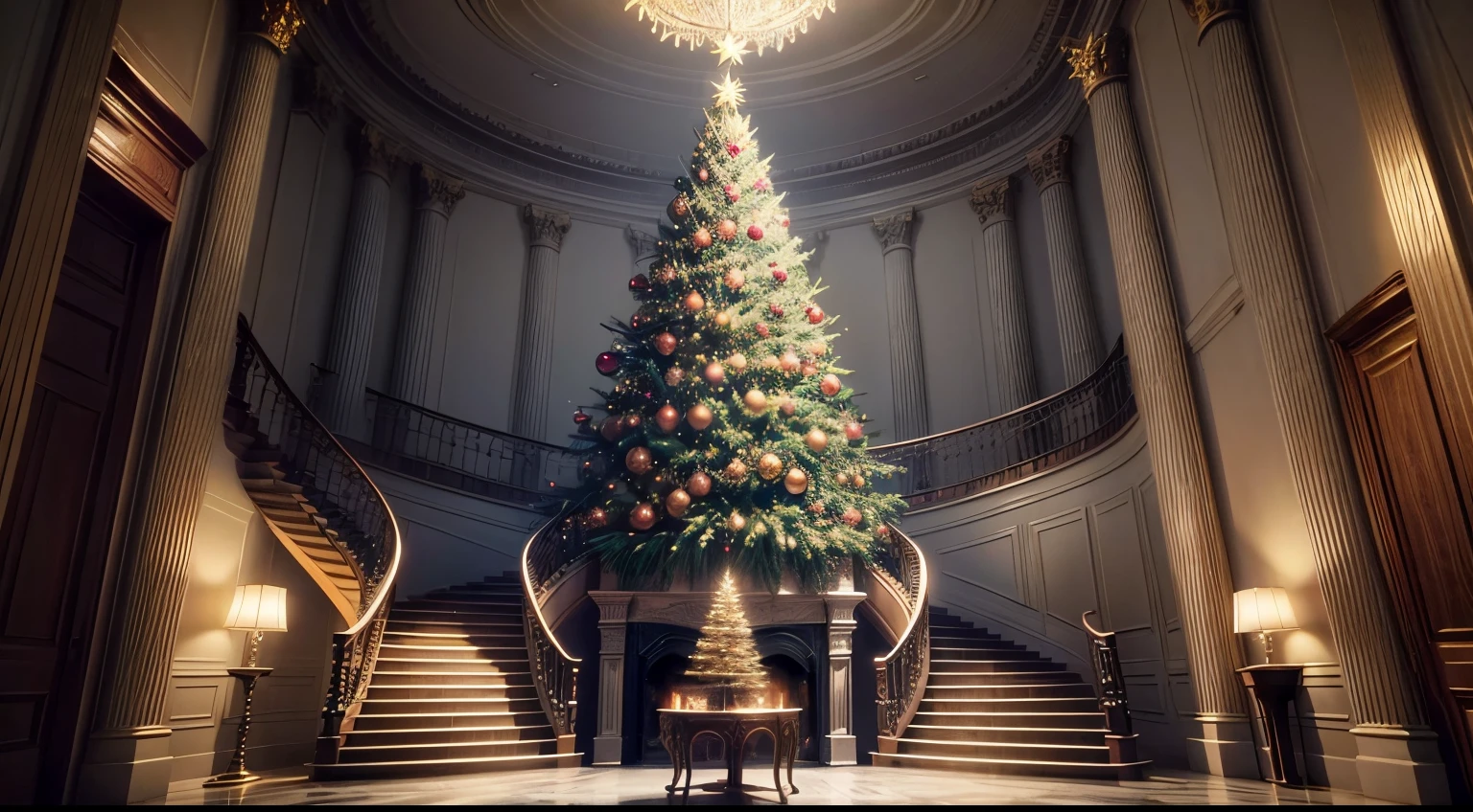 Christmas tree in a hallway with a fireplace and a checkered floor, ornate, Christmas tree, holiday season, huge silver tree, beutiful!, Masterpiece!!!, Wide main staircase, wonderful Masterpiece, Christmas, * * *, Thumbnail, Masterpiece!!!!, art Masterpiece, holiday, Inside the grand piano, a stunning Masterpiece, Delightful surroundings