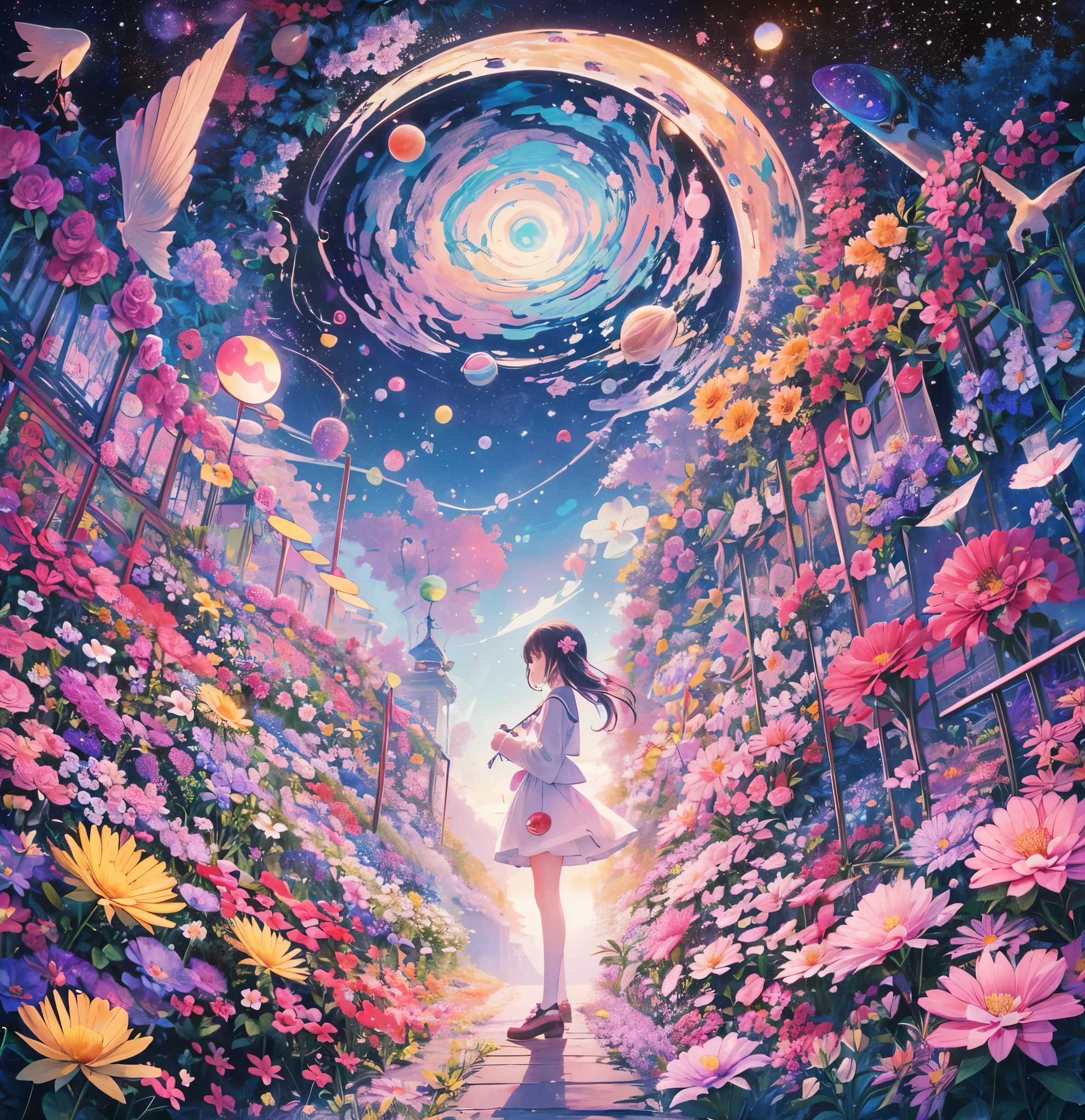 Melody Mark,top-quality,masutepiece,1womanl,独奏,(abstract  art:1.5),(Psychedelia Theme:1.6),(Gunjo World:1.5),(Lots of animals:1.5),(Space world:1.5),(There is a beautiful woman at the center of the world),A ray of light spreads,A heart-shaped gem spreading from the center,Diamond Dust,(Nostalgic landscapes:1.5),(colorful flower:1.5),why do you have small hands,I guess he&#39;s trying to carry his wounds,Not just for someone,don&#39;t lose sight,I guess I can&#39;t escape,What I want is a day when the light shines,Find the way,Even if I can&#39;t reach the shining sky,Relying only on the resounding love進んだ道の先,Because I can find the light,You'll find the way,you said,I had a long dream,It was a very sad dream,Even so, that appearance is not clouded at all,I said,It&#39;s okay to cry,I&#39;ll stay by your side forever,What I want is a hand to hold me,Find the way,Even without words,Even if there are no flying splashes,In order not to give in to the disturbing wind,If only I noticed the pain earlier than anyone else,give an answer,Probably not everything,There&#39;s no need to rush, you too Find the way,Even if I can&#39;t reach the shining sky, Relying only on the resounding love,進んだ道の先Because I can find the light,Find the way,