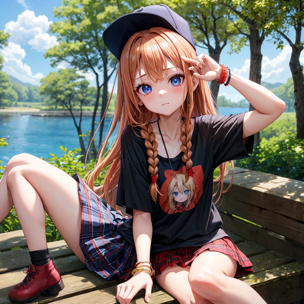 red blonde、blue eyess、Braids、one good looking girl、独奏、animesque、Plaid miniskirt、Black T-shirt、camisole、the woods、Sunlight、sitting on、Wearing a plaid baseball cap、bare-legged、small bracelet、Tilting your face