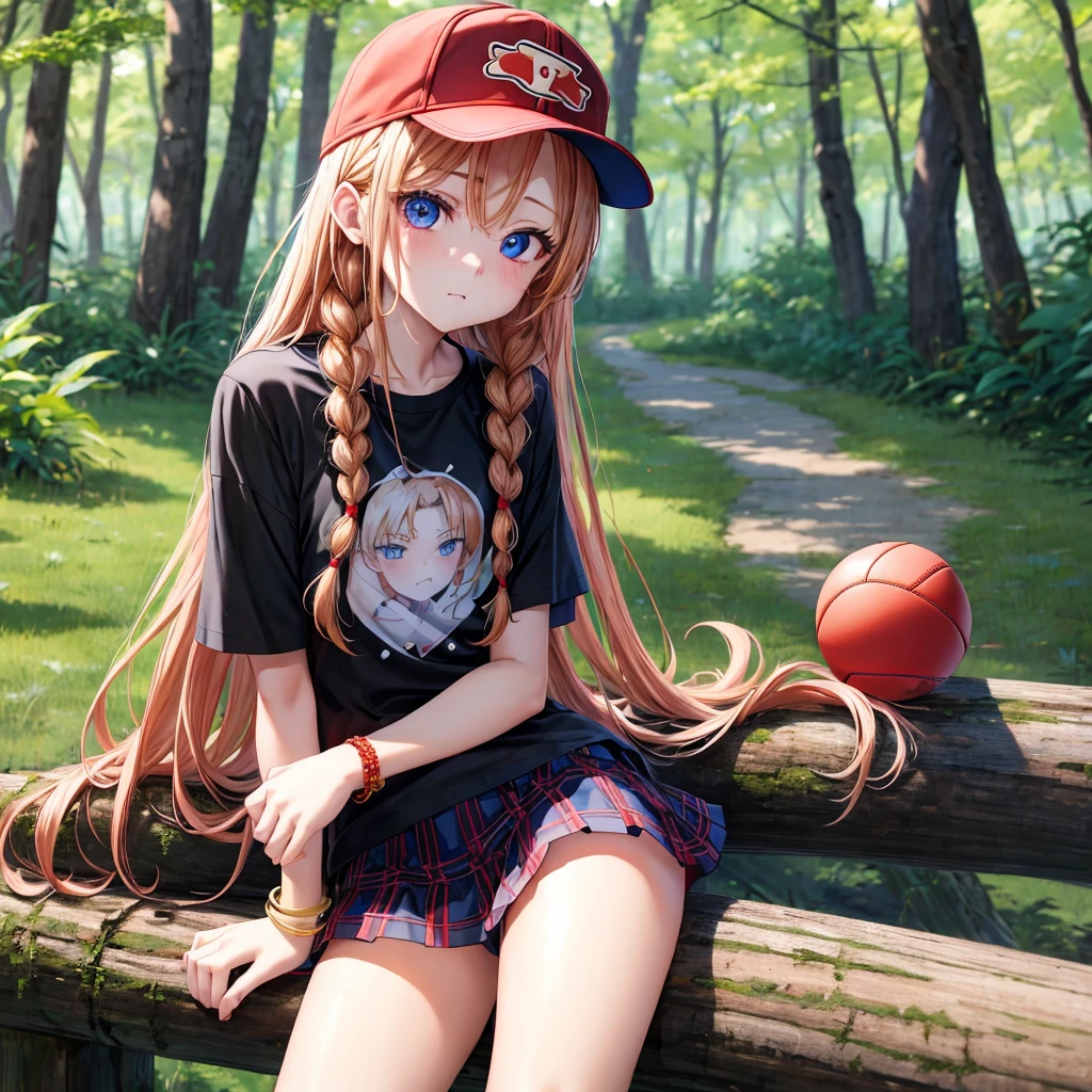 red blonde、blue eyess、Braids、one good looking girl、独奏、animesque、Plaid miniskirt、Black T-shirt、camisole、the woods、Sunlight、sitting on、Wearing a plaid baseball cap、bare-legged、small bracelet、Tilting your face