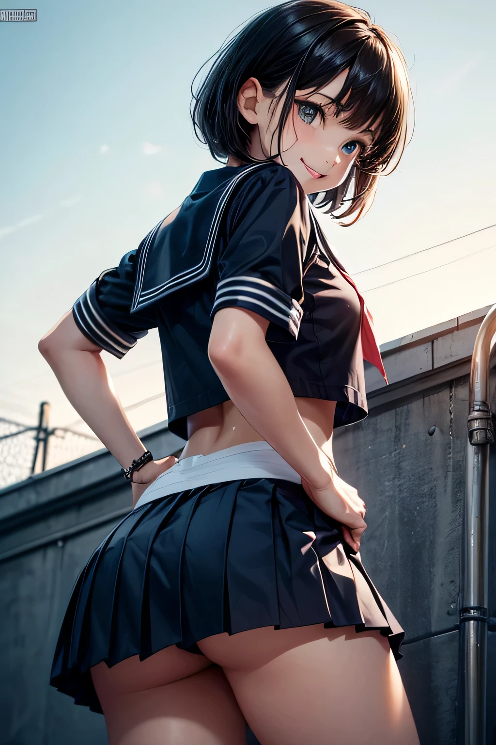 Very cute and beautiful girl,(very detailed beautiful face and eyes:1.2),
Smile,Black hair,Sailor School Uniform,(Navy blue pleated mini skirt),(From below:1.2),Looking back,from behind,Leaning forward,
Summer,School rooftop,building,chain-link fence,
(Best Quality,masutepiece:1.2),Intricate details,hight resolution,Extremely detailed,Solo,
Cinematic lighting,Dynamic Angle,