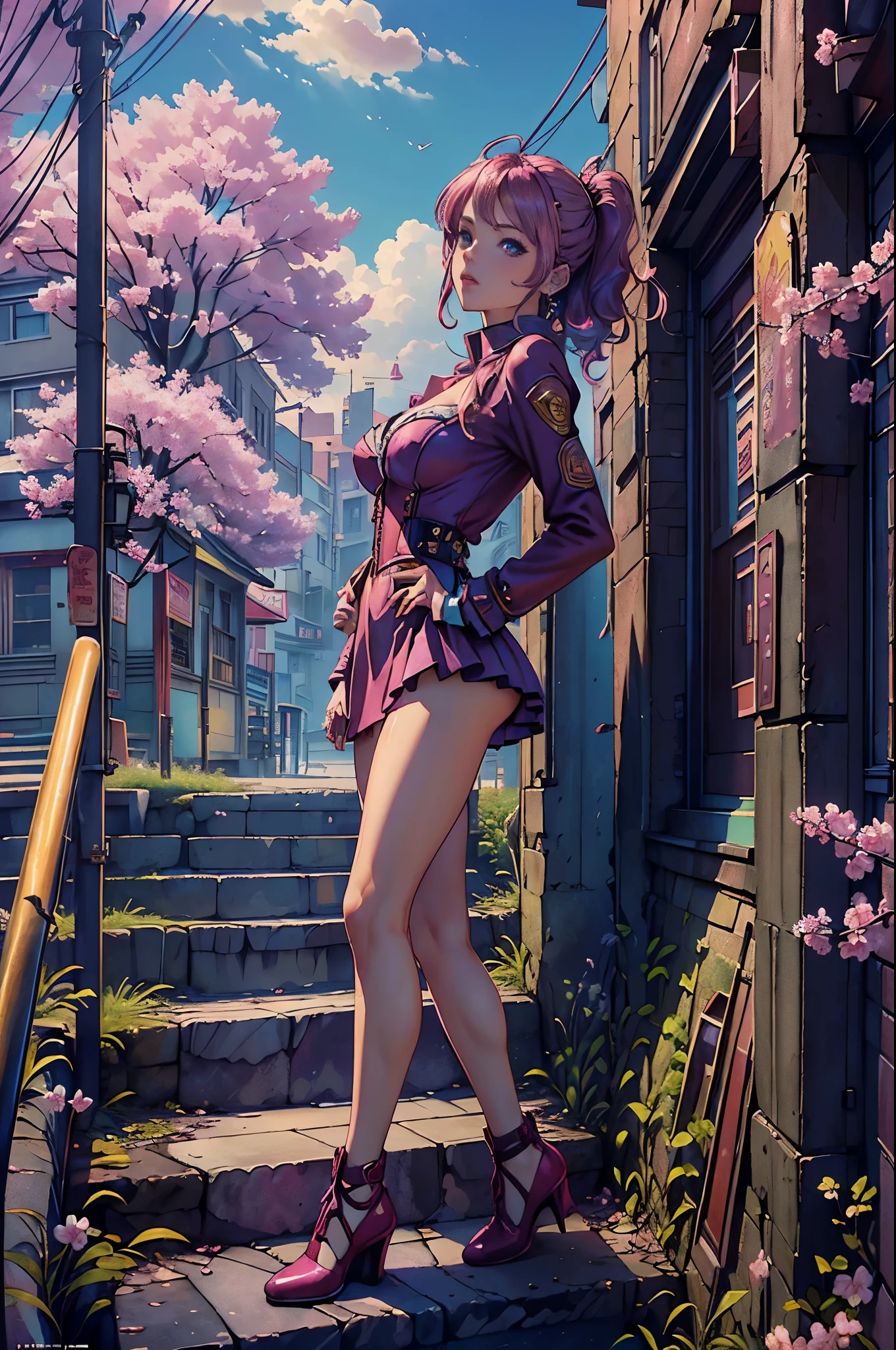 magenta tint、Vibrant colors、((tmasterpiece)))、(((quality)))、((ultra - detailed))、(Surreal)、(Very detailed CG illustration）、offcial art、CD cover、It will be、midsummer、The glorious 1980s、1个Giant Breast Girl，Cool beauty、Beautiful eyes，cochetti gorgeous、incomparable beauty、Hair color、Rock music、jaqueta de couro、Superskirt、butt lift，perfect angle、Perfectcomposition、(evening，stairways，cherry blossom樹欉，cherry blossom，Clouds，corner store)，