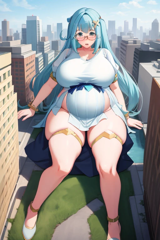 Giant maiden,Moe two-dimensional style,Pregnancy status,Round belly, Huge breasts, Thick thighs,Gaze at the bustling city, Lying down, Burp, Burping, Really loud burp, Glasses, Embarrassed, Full body