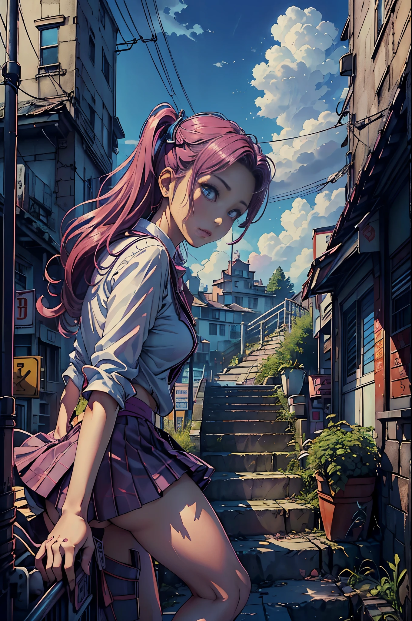 magenta tint、vivd colour、((tmasterpiece)))、(((quality)))、((ultra - detailed))、(Surreal)、(Very detailed CG illustration)、offcial art、CD cover、It will be、midsummer、The glorious 1980s、1 sister,Cool beauty、pretty eyes,cochetti gorgeous、incomparable beauty、Hair color、Rock music、jaqueta de couro、Superskirt、butt lift,perfect angle、Perfectcomposition、(natta,stairways,SakuraNS樹欉,SakuraNS,clouds,Corner store,fantasy_world),