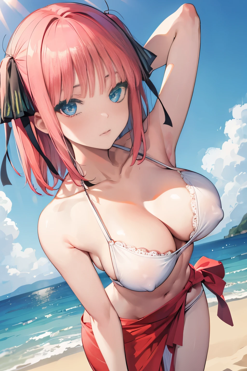 (Masterpiece:1.2, high quality), (pixiv:1.4), (1girl:1.2), (solo:1.2), (smooth:1.2), (Nakano nino), (mature), (confident), slightly blushing, glossy lips, crystal blue eyes, black eyeshadow, pale white skin, pink hair, bangs, bangs over eyes, collarbone, (beach sarong), hair ribbon, (beautiful big breasts:1.3), ((sarong)), beach outfit, dynamic pose, professional photography, view from below, slim waist, ultra detailed, soft lighting, high contrast, (blurry_background:1.2), highly focused face, (detailed face), intrinsic details, vivid colors, HD, 4k, aesthetic outdoors, beach, (sea view), sunny day, beach volleyball, (sand), pebbles