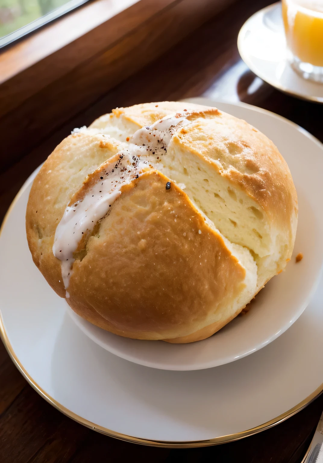 （A slice of bread）（Have good natural light）（ (There is a window in the background），high tea（Depth of field effect））（There is a set of cutlery on the table）（and a drink）Best quality，A high-resolution masterpiece，Highqualityshadow，actual