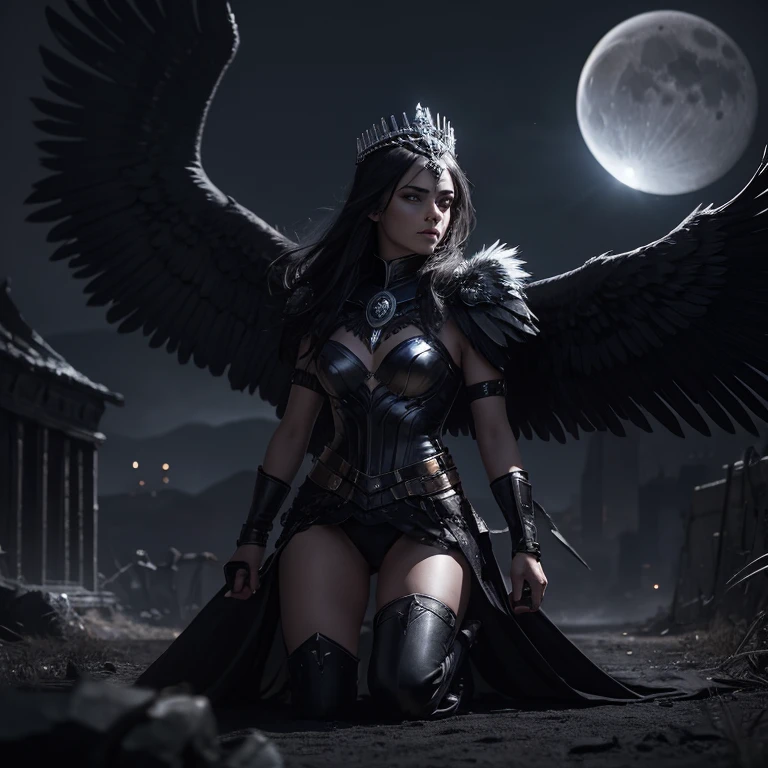 Queen Valkyrie, raven wings, sun crown, dark hair, sexy, dangerous, moon in background, kneeling passive, Caucasian, seducing a raven