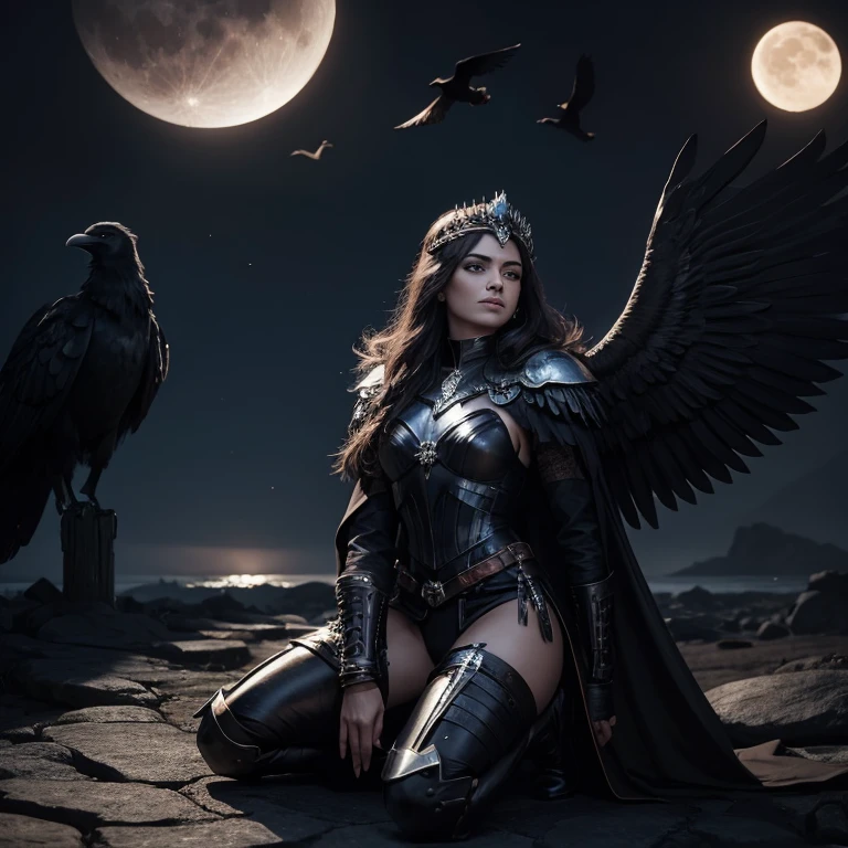 Queen Valkyrie, raven wings, sun crown, dark hair, sexy, dangerous, moon in background, kneeling passive, Caucasian, seducing a raven