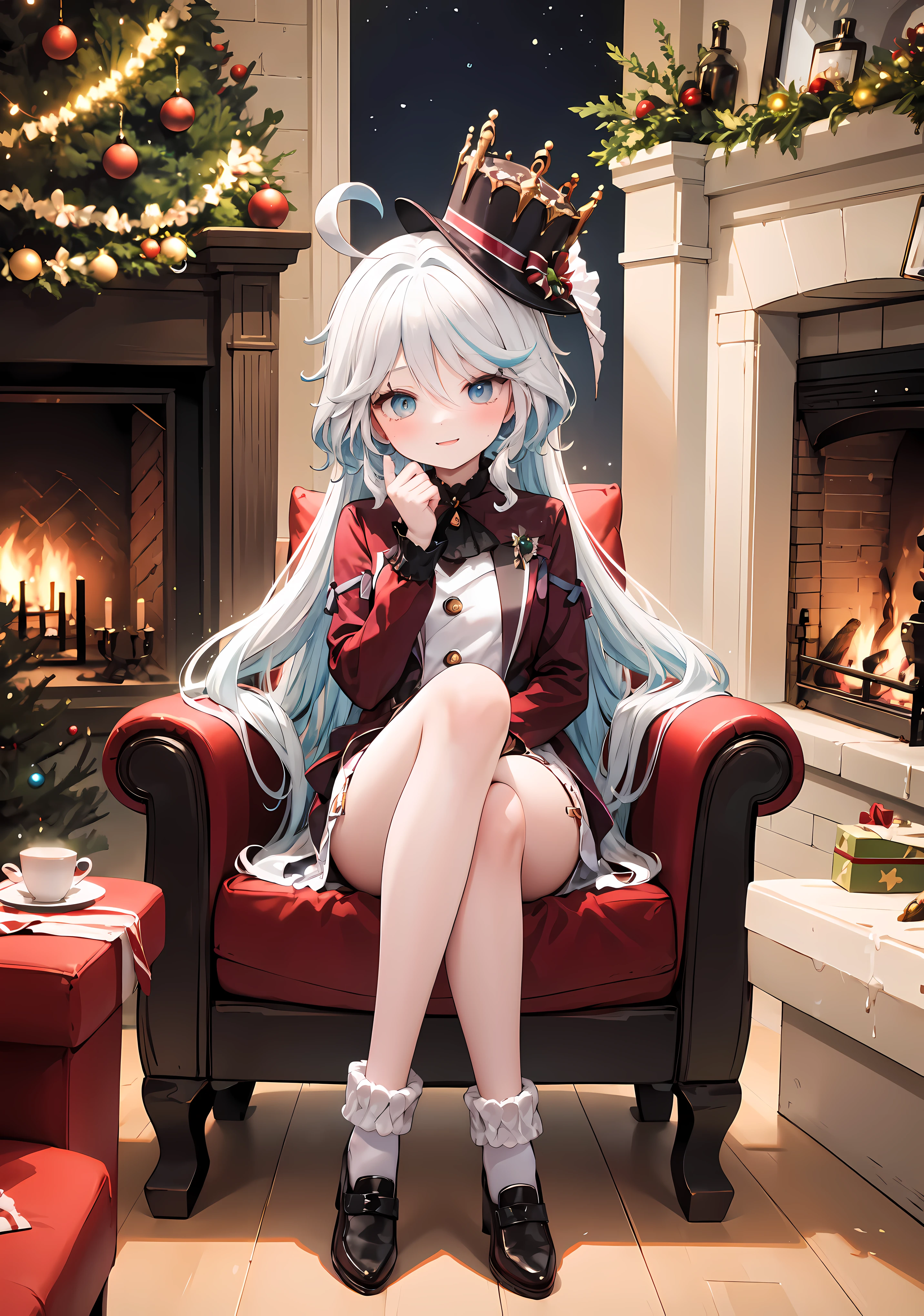 1 girl, Christmas theme , in a comfortable chair, Long, flowing hair, Warm smile, wearing festive clothing，Wearing a Christmas hat, surrounded by christmas decorations, flash lights, and decorations, in front of a fireplace, Christmas tree as background, Stockings hanging by the chimney, Holding a cup of hot cocoa, holiday makeup, Red and green clothes, knee length socks, Sitting in a room full of holiday cheer, joyful expressions,Forina,