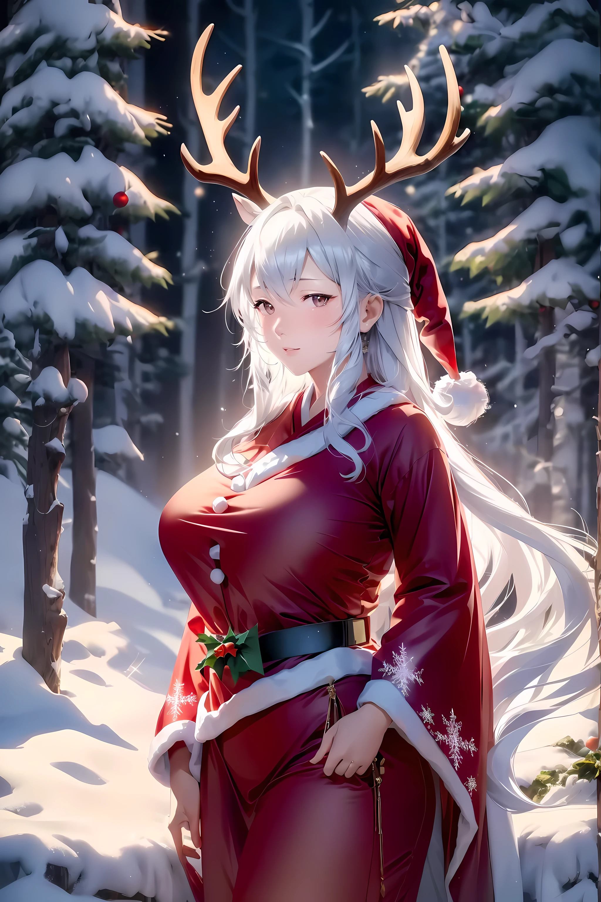 christmas，deer antlers,sexy christmas girl，deer ear，Deer girl,shaggy,(Best quality,4K,8K,A high resolution,tmasterpiece:1.2),pine woods,deershaggy女孩, fluffy hair shy, beautiful red eye,Bigchest, Bow in hair,16 year old face,(dual horsetail:1.4), gentle face,(Santa Claus costume:1.4), Clothes based on red,可爱的Bigchest, face flushed, Want to be loved,dual horsetail