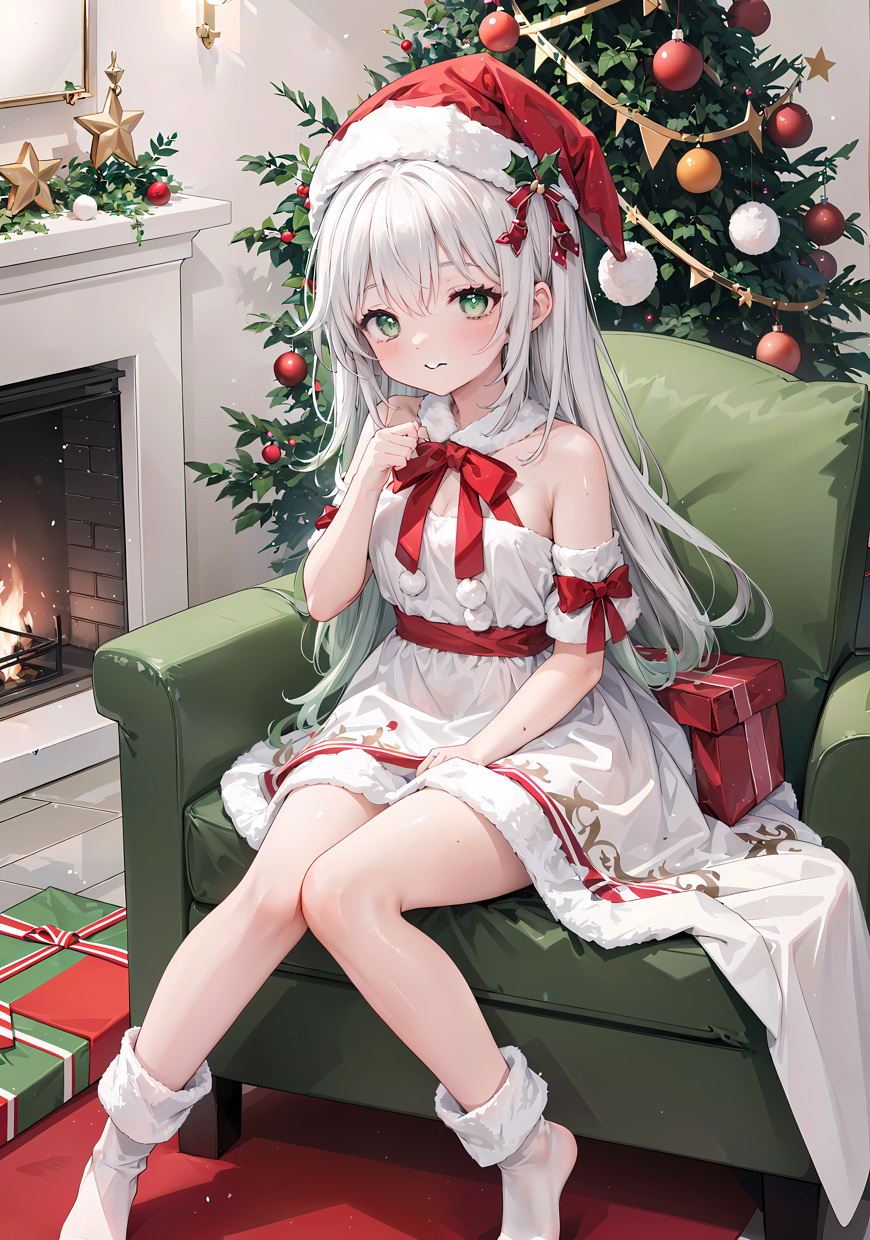 1 girl, Christmas theme , in a comfortable chair, Long, flowing hair, Warm smile, wearing festive clothing，Wearing a Christmas hat, surrounded by christmas decorations, flash lights, and decorations, in front of a fireplace, Christmas tree as background, Stockings hanging by the chimney, Holding a cup of hot cocoa, holiday makeup, Red and green clothes, knee length socks, Sitting in a room full of holiday cheer, joyful expressions,Forina,