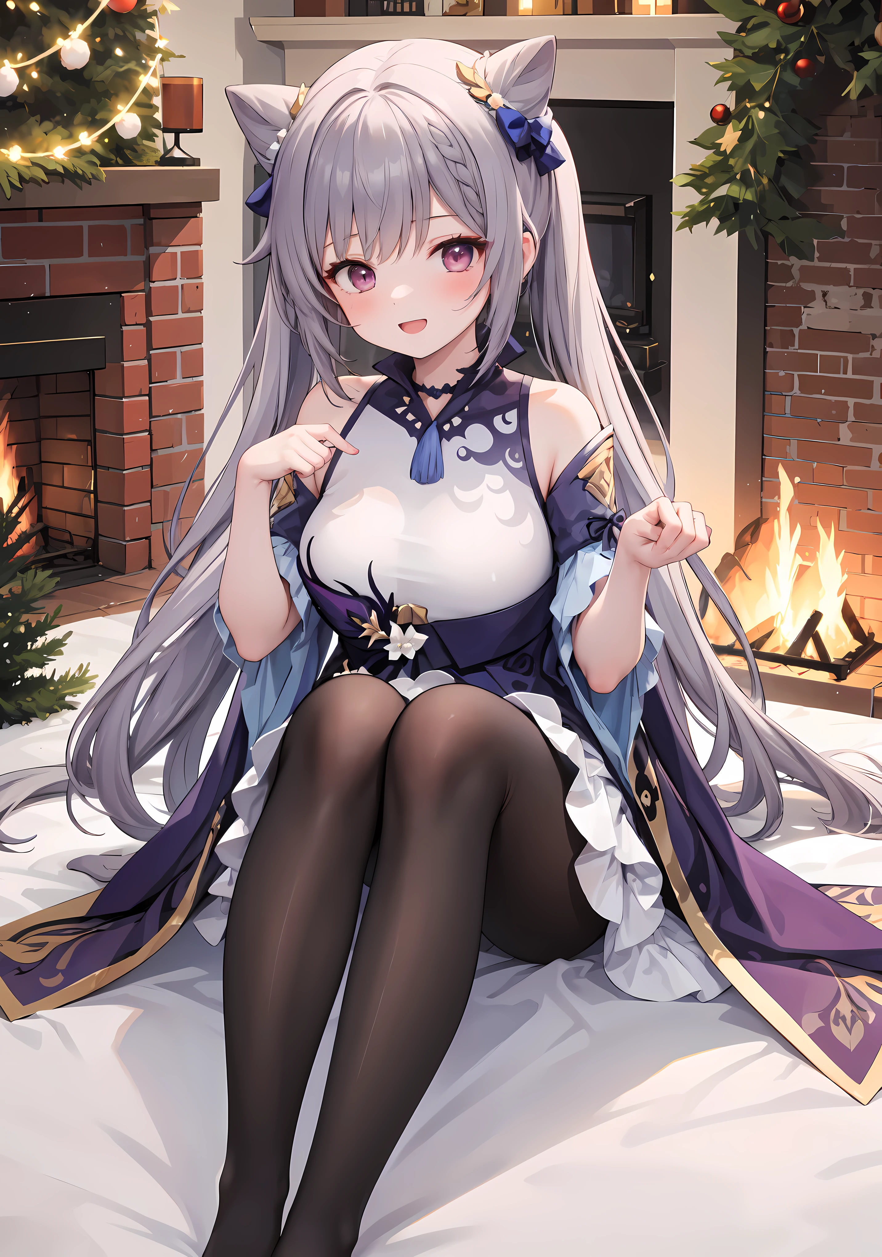 1 girl, Christmas theme , in a comfortable chair, Long, flowing hair, Warm smile, wearing festive clothing，Wearing a Christmas hat, surrounded by christmas decorations, flash lights, and decorations, in front of a fireplace, Christmas tree as background, Stockings hanging by the chimney, Holding a cup of hot cocoa, holiday makeup, Red and green clothes, knee length socks, Sitting in a room full of holiday cheer, joyful expressions,Forina,