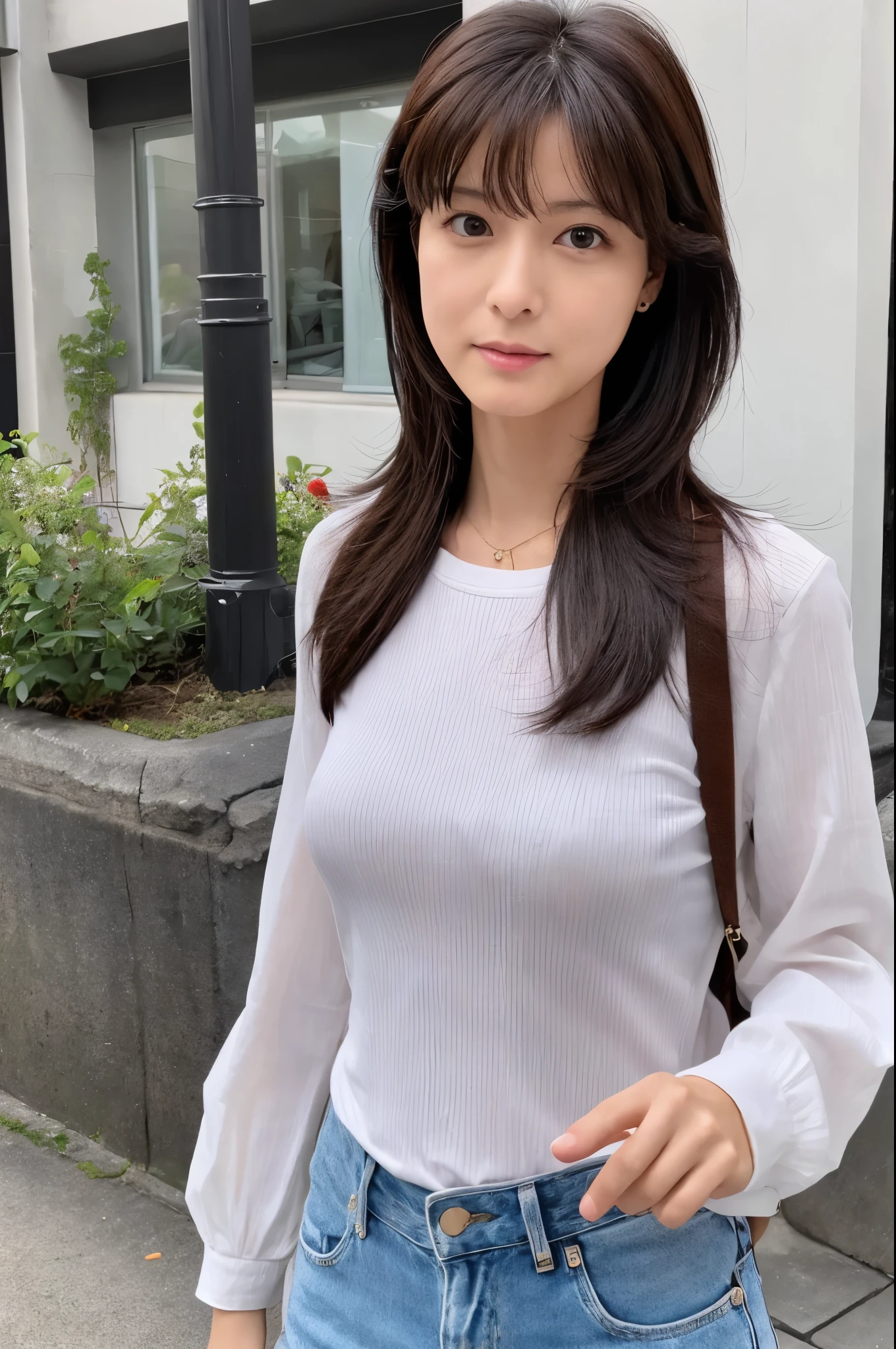 (High reality photograph, high resolusion, detailed face, detailed eyes) Skinny Japanese lady, 40 years old, 1 girl, cute face, various hair style, skinny figure, very small breasts, very thin waist, casual clothes, on a street, full-body photo