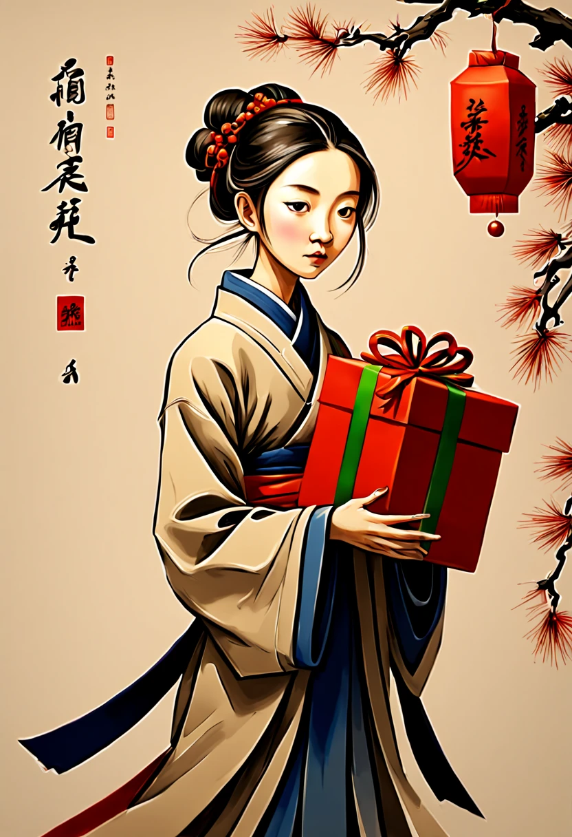 (by Alexander Jansson:1.4), girl with Christmas gift, Witch hat, intricate, (masterpiece, Representative work, official art, Professional, unity 8k wallpaper:1.3)