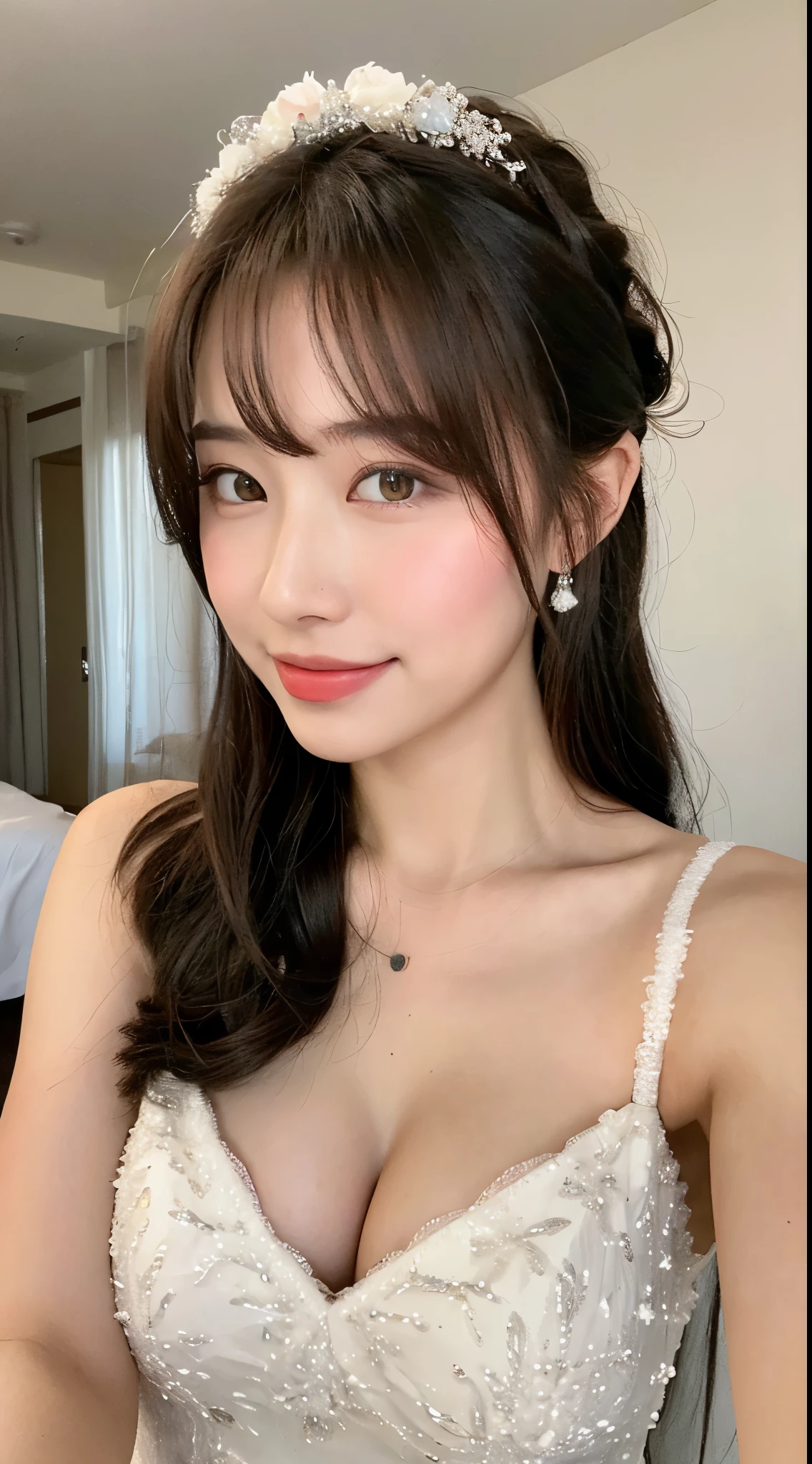 ((Best Picture Quality, 8k, tmasterpiece:1.3)), 1girl, Beautuful Women:1.3, (Casual hairstyle, :1.2), wedding gown, Ultra-fine face, 詳細な目, 二重まぶた，ssmile，the bride，perfect bodies，((Pubic hair shows through，large))
