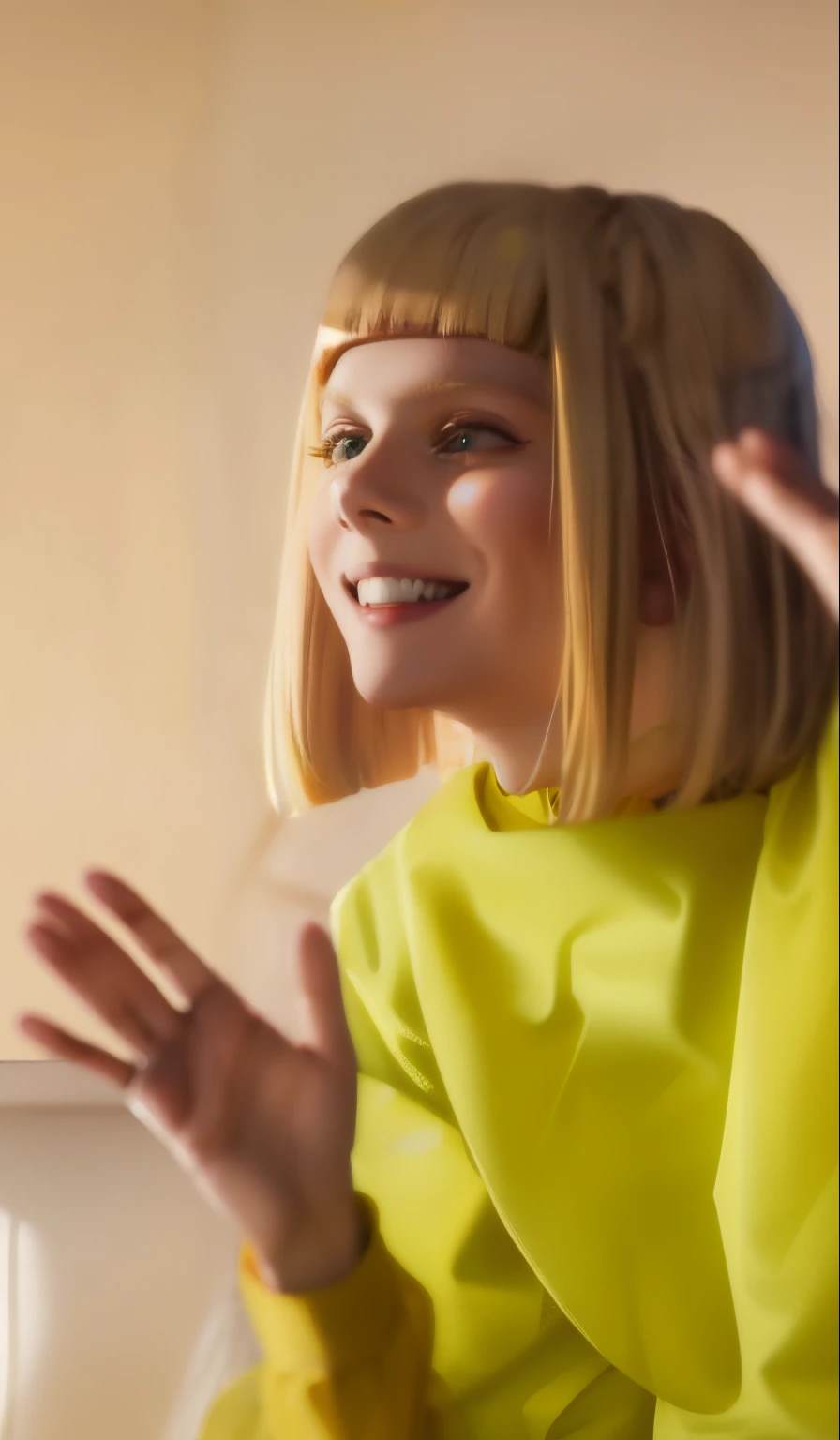 blonde girl in yellow shirt waving and smiling while sitting on a couch, smiling playfully, aurora aksnes, she expressing joy, artistic interpretation, portrait a woman like reol, sofya emelenko, excited, music video, die antwoord yolandi visser, hands reaching for her, artistic depiction, waving and smiling, digitally painted