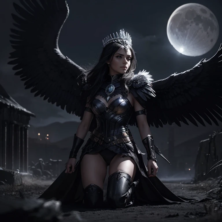 Queen Valkyrie, raven wings, sun crown, dark hair, sexy, dangerous, moon in background, kneeling passive, Caucasian, seducing a raven