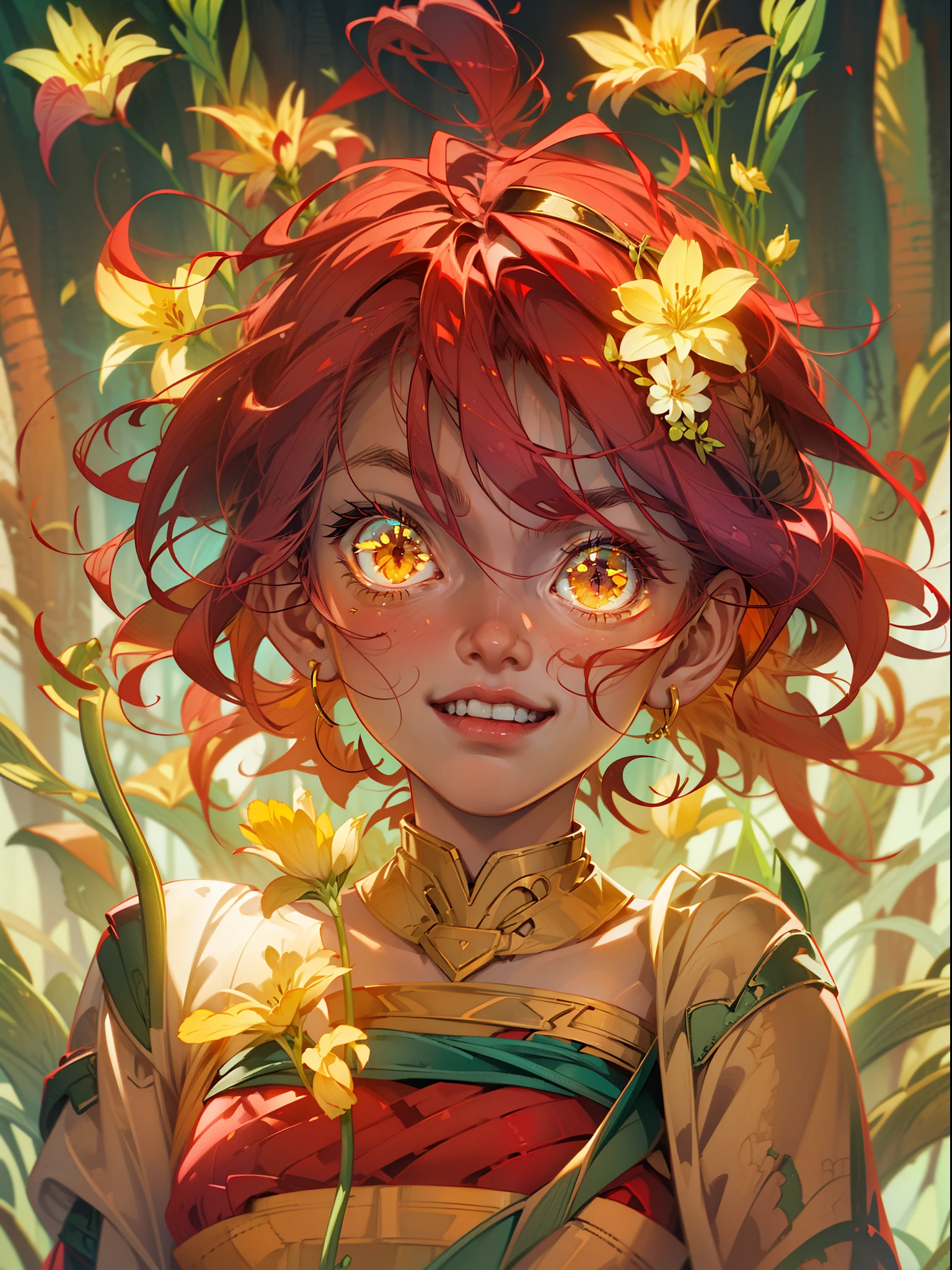 Red eyes, girl, holding a knife, yellow-green striped shirt, red eyes glowing red, head tilted, short brown hair, with a clear smile on his face, Chara, two-dimensional, standing among golden flowers with a ray of light above his head