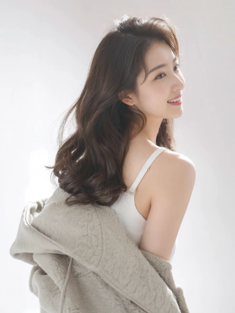 (On a table, Best quality, realistically, ultra - detailed, meticuloso, A high resolution, 8k wallpaper), Close-up portrait of a beautiful woman, Chariada, Smiling, light brown messy hair, Perfect dynamic composition, 美丽meticuloso的眼睛, Just like the cover of a fashion magazine, On campus