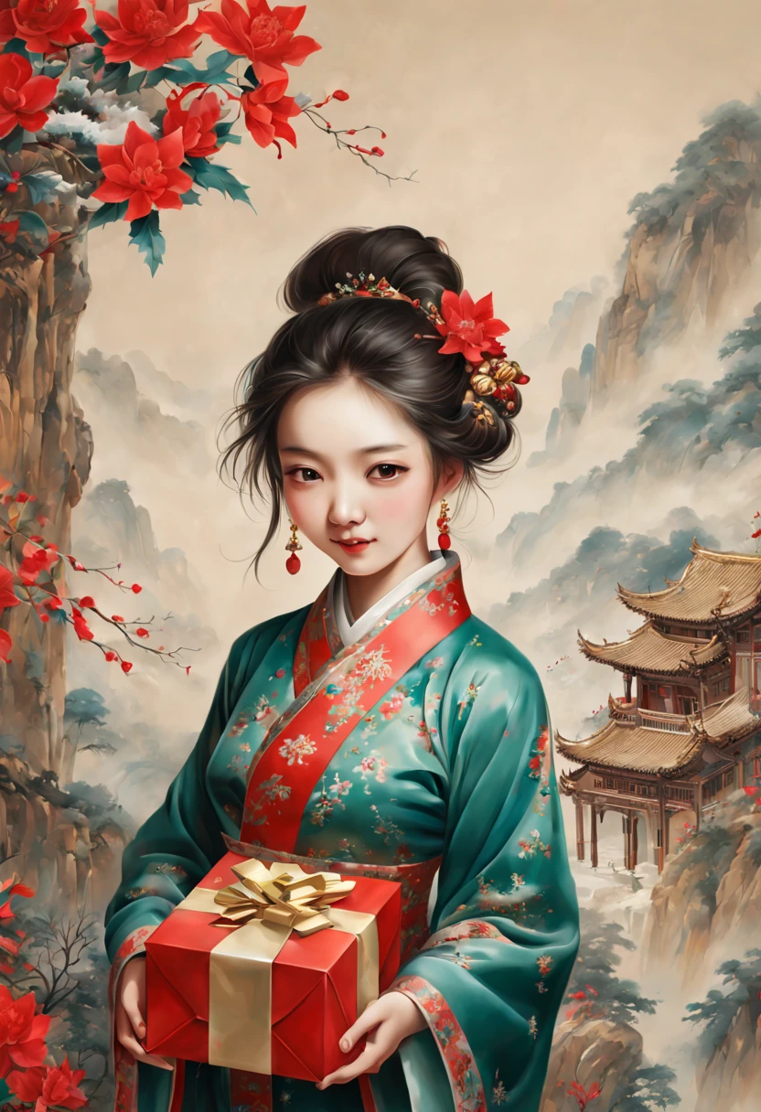 girl with Christmas gift, (by zhang daqian), intricate, (masterpiece, Representative work, official art, Professional, unity 8k wallpaper:1.3)