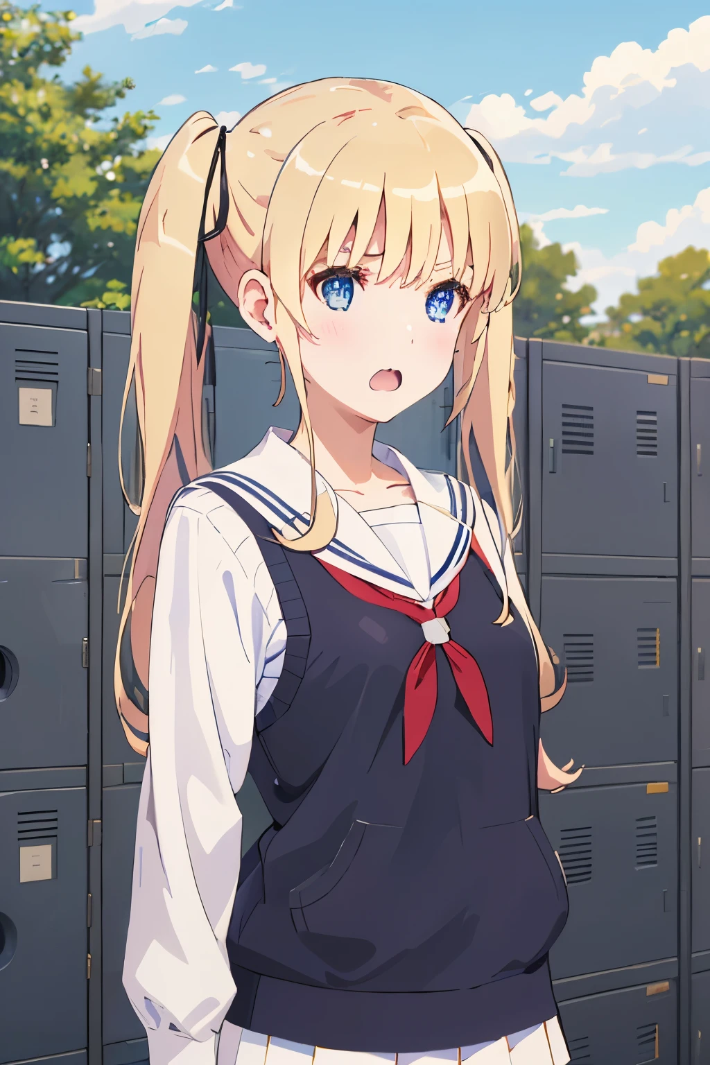 ph_eriri, sawamura spencer eriri, 1girl, blonde hair, blue eyes, school uniform, twintails, solo, fang, long hair, open mouth, hair ribbon, locker, anime coloring, parody, serafuku, blush, bangs, sweater vest, black ribbon, cloudy sky, sky, trees, (masterpiece:1.6, best quality), (finely detailed beautiful eyes: 1.2),
, (masterpiece:1.6, best quality), (finely detailed beautiful eyes: 1.2),