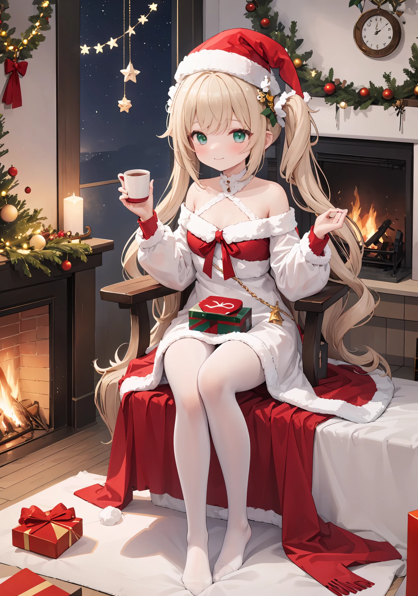 1 girl, Christmas theme , in a comfortable chair, Long, flowing hair, Warm smile, wearing festive clothing，Wearing a Christmas hat, surrounded by christmas decorations, flash lights, and decorations, in front of a fireplace, Christmas tree as background, Stockings hanging by the chimney, Holding a cup of hot cocoa, holiday makeup, Red and green clothes, knee length socks, Sitting in a room full of holiday cheer, joyful expressions,Forina,